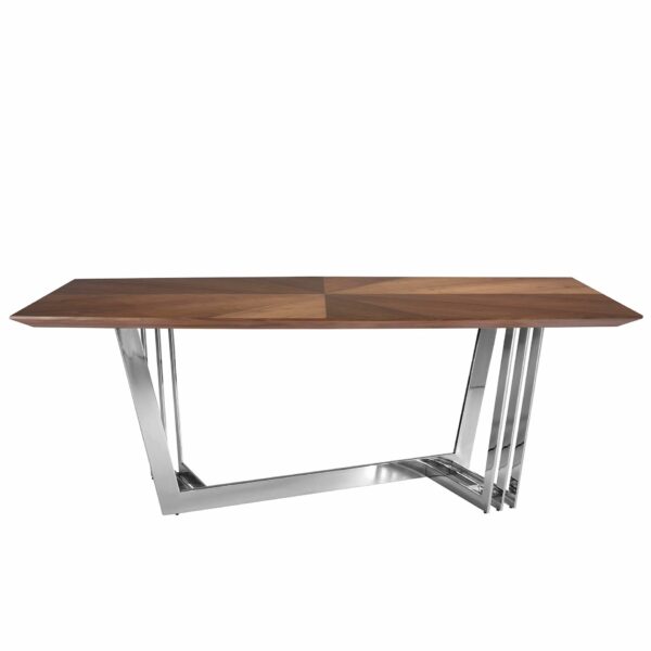 Mesa comedor ovalada barril nogal y acero cromado