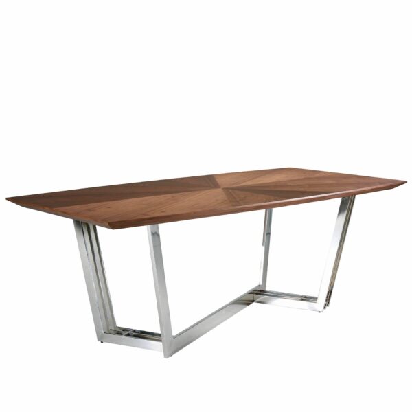 Mesa comedor ovalada barril nogal y acero cromado