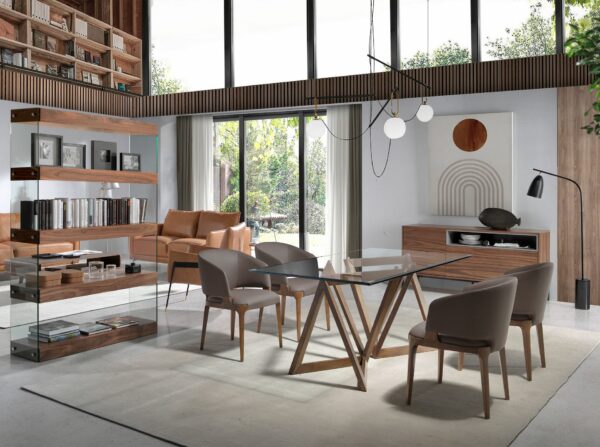 Mesa comedor rectangular cristal templado y nogal