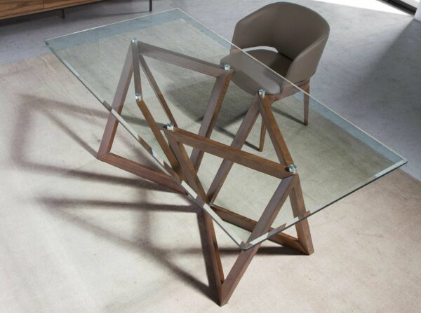 Mesa comedor rectangular cristal templado y nogal