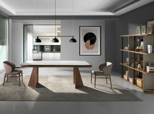 Mesa comedor rectangular mármol porcelánico y nogal