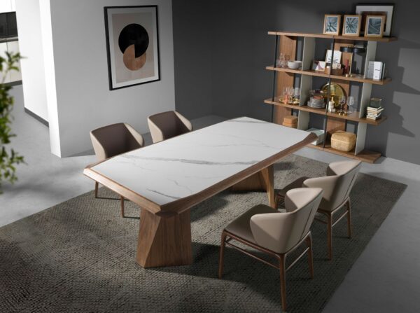 Mesa comedor rectangular mármol porcelánico y nogal
