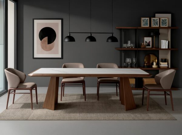 Mesa comedor rectangular mármol porcelánico y nogal
