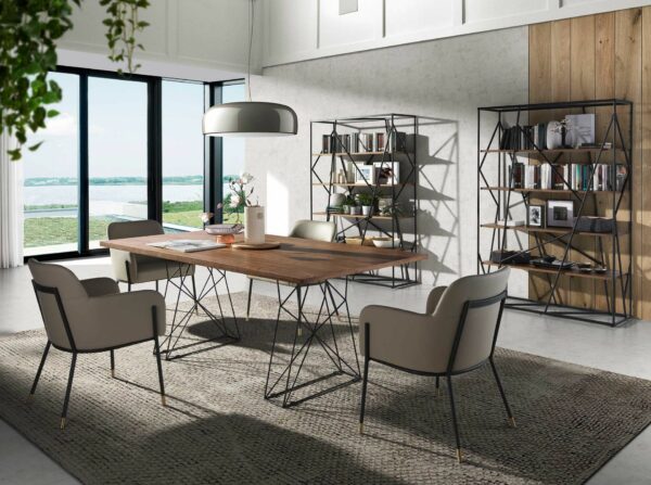 Mesa comedor rectangular nogal y acero negro