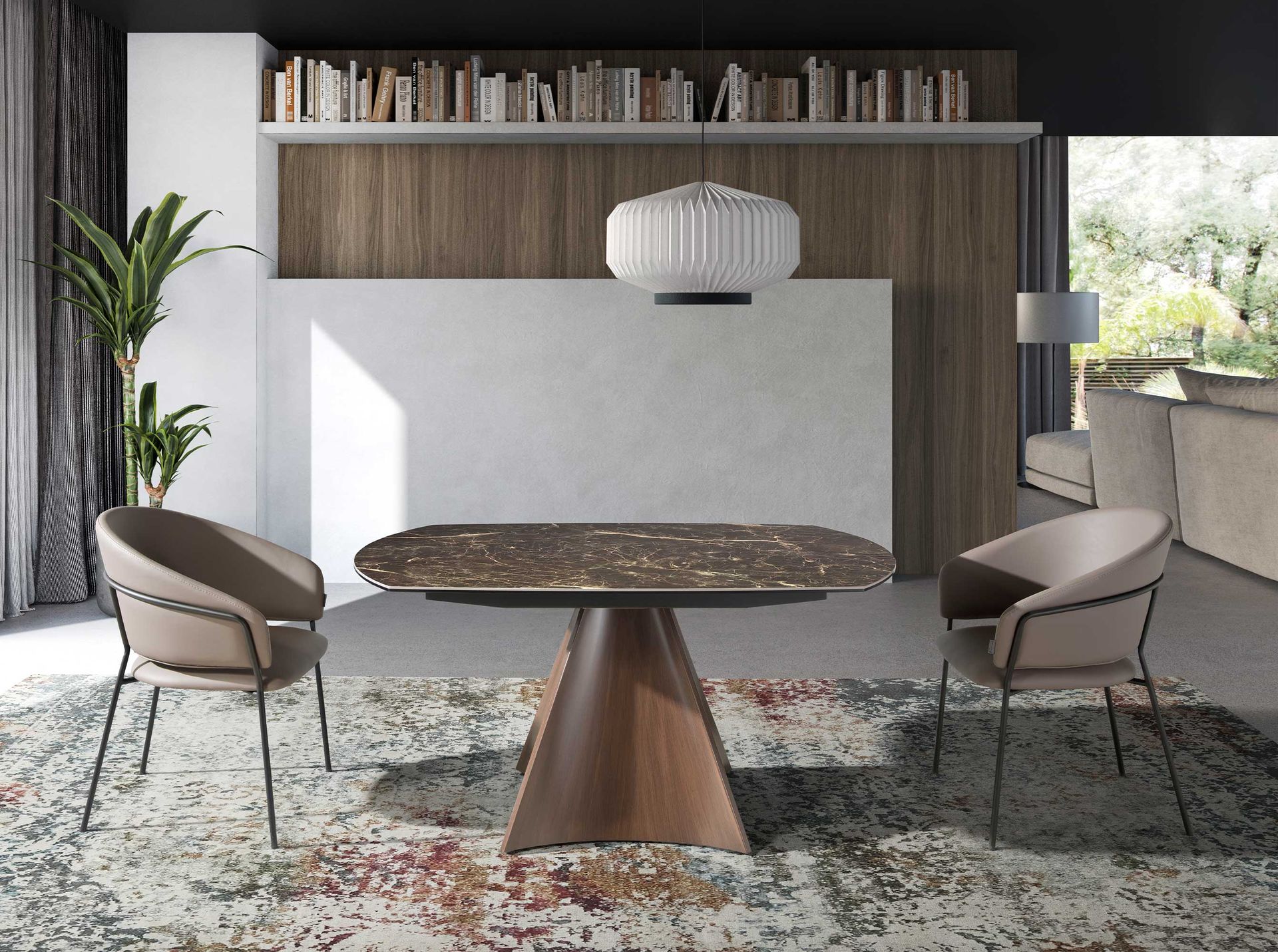 Mesa comedor extensible ovalada barril mármol porcelánico y acero efecto nogal Mesa comedor extensible ovalada barril mármol porcelánico y acero efecto nogal