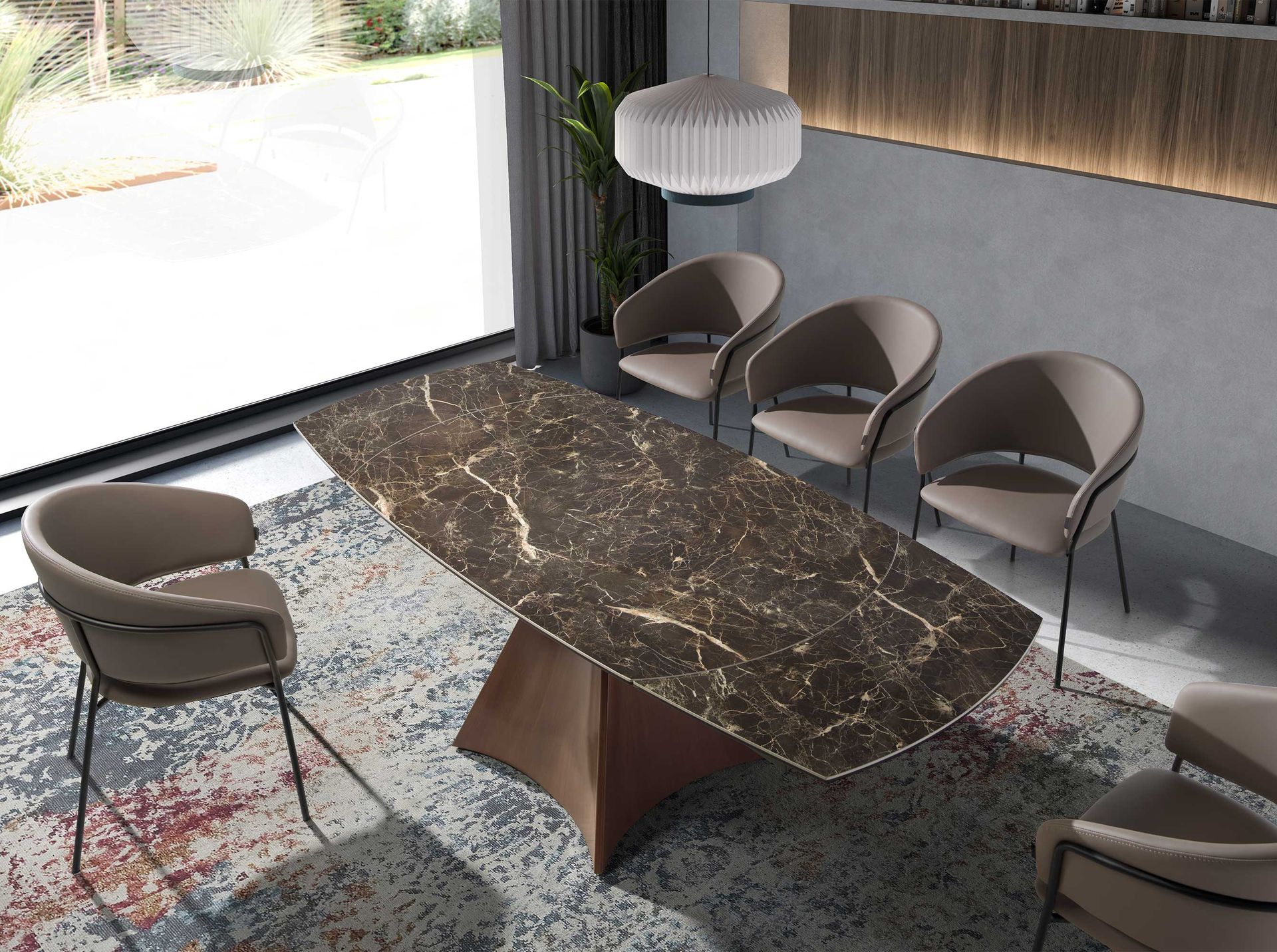 Mesa comedor extensible ovalada barril mármol porcelánico y acero efecto nogal Mesa comedor extensible ovalada barril mármol porcelánico y acero efecto nogal