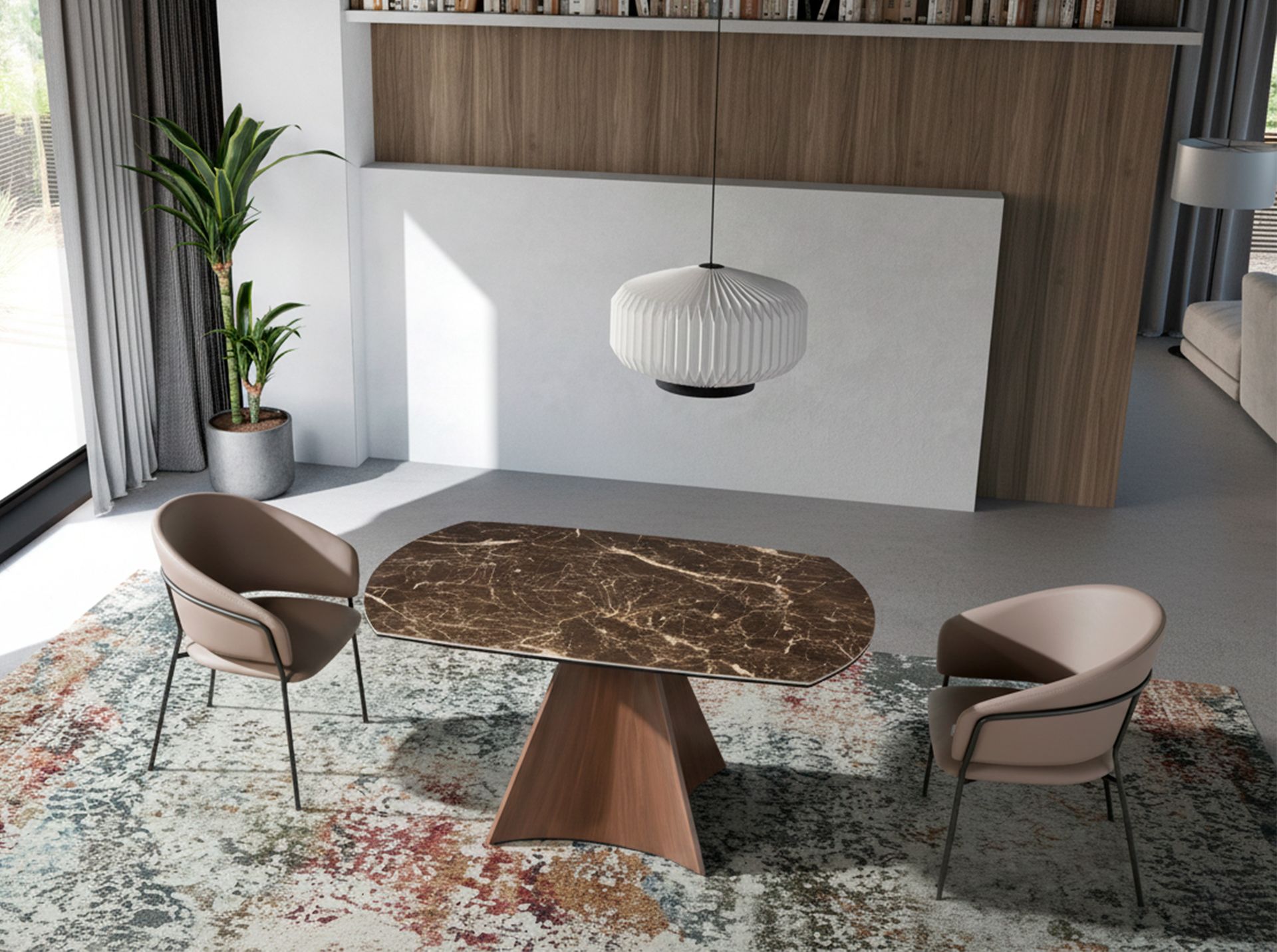 Mesa comedor extensible ovalada barril mármol porcelánico y acero efecto nogal Mesa comedor extensible ovalada barril mármol porcelánico y acero efecto nogal