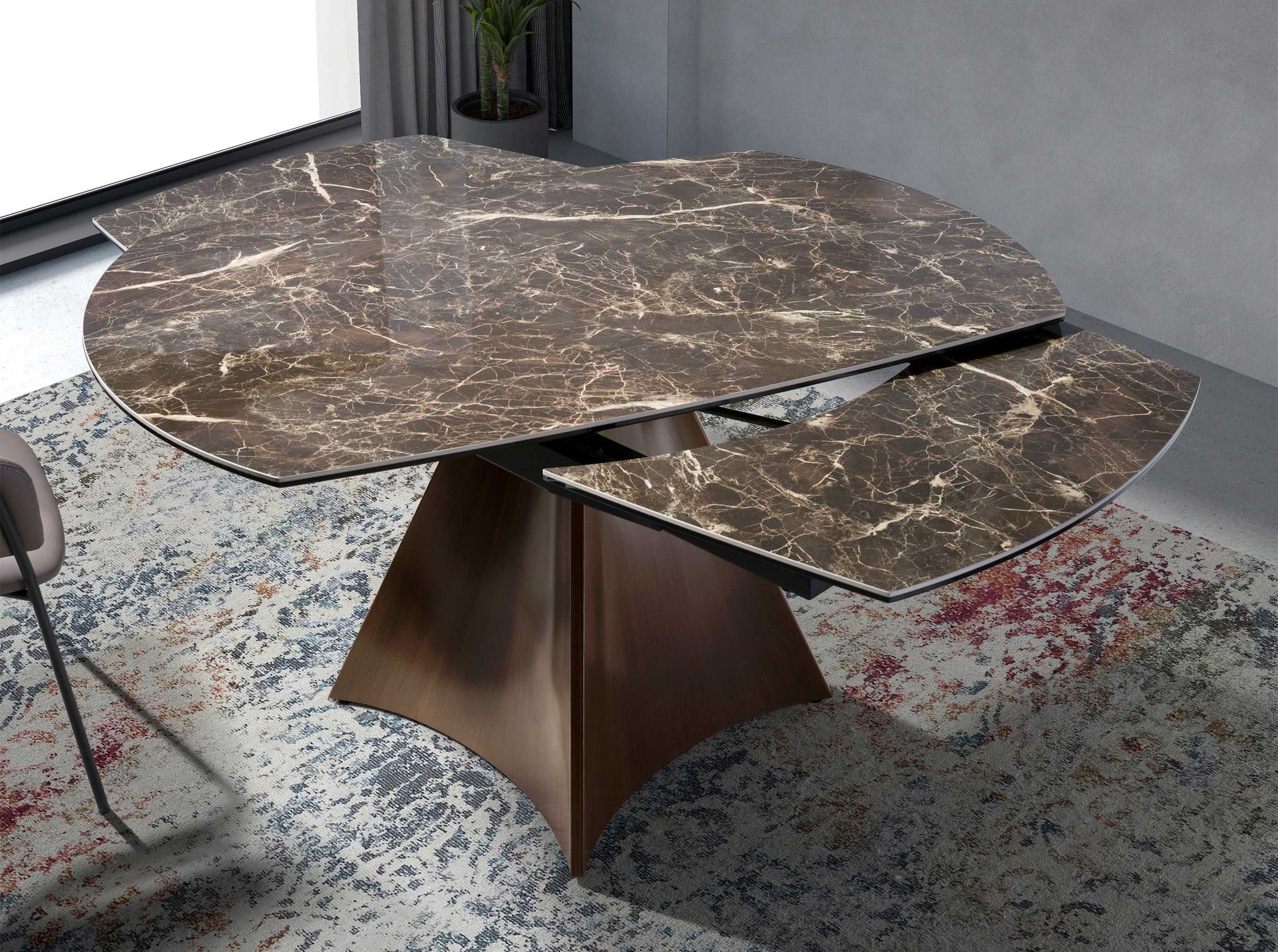 Mesa comedor extensible ovalada barril mármol porcelánico y acero efecto nogal Mesa comedor extensible ovalada barril mármol porcelánico y acero efecto nogal