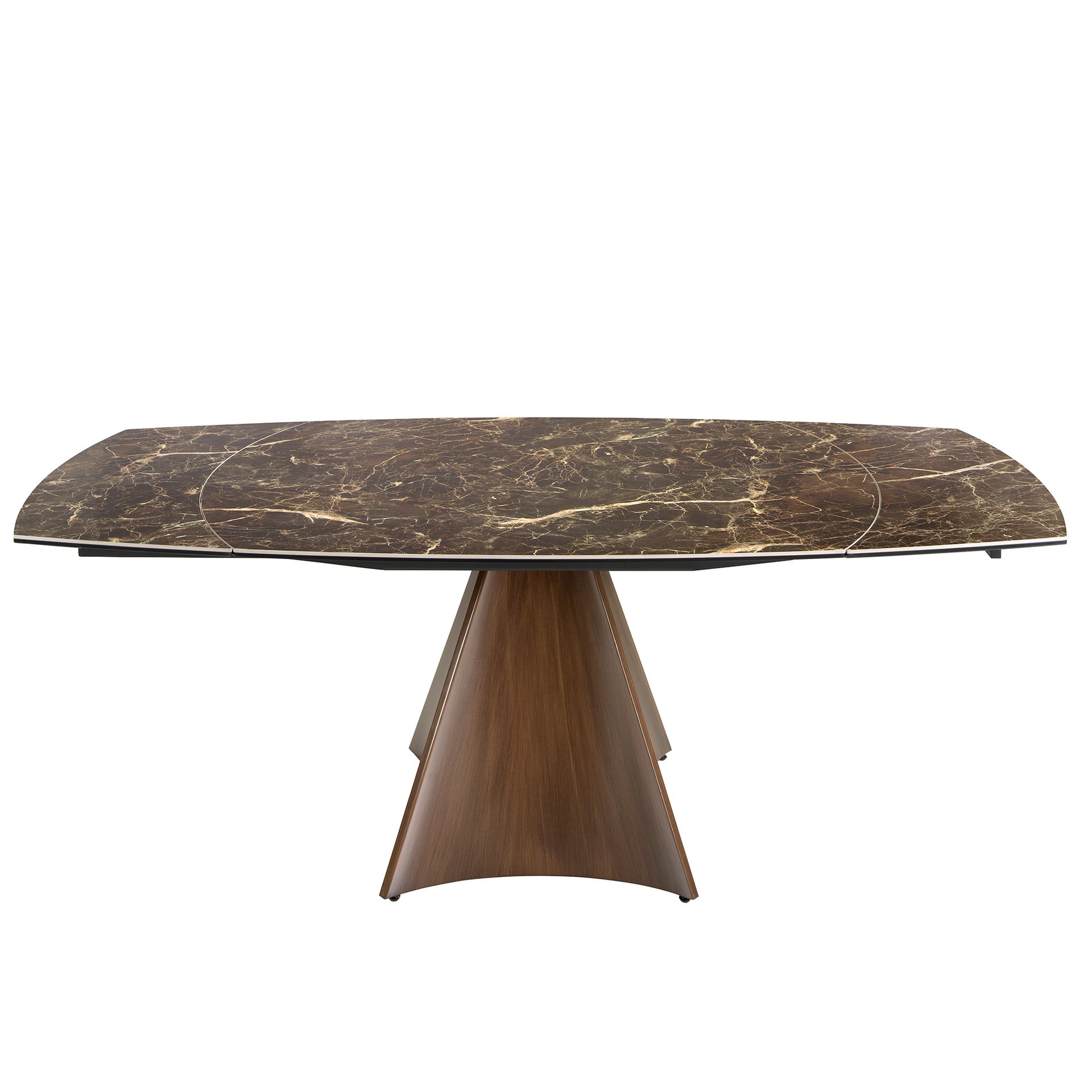 Mesa comedor extensible ovalada barril mármol porcelánico y acero efecto nogal Mesa comedor extensible ovalada barril mármol porcelánico y acero efecto nogal