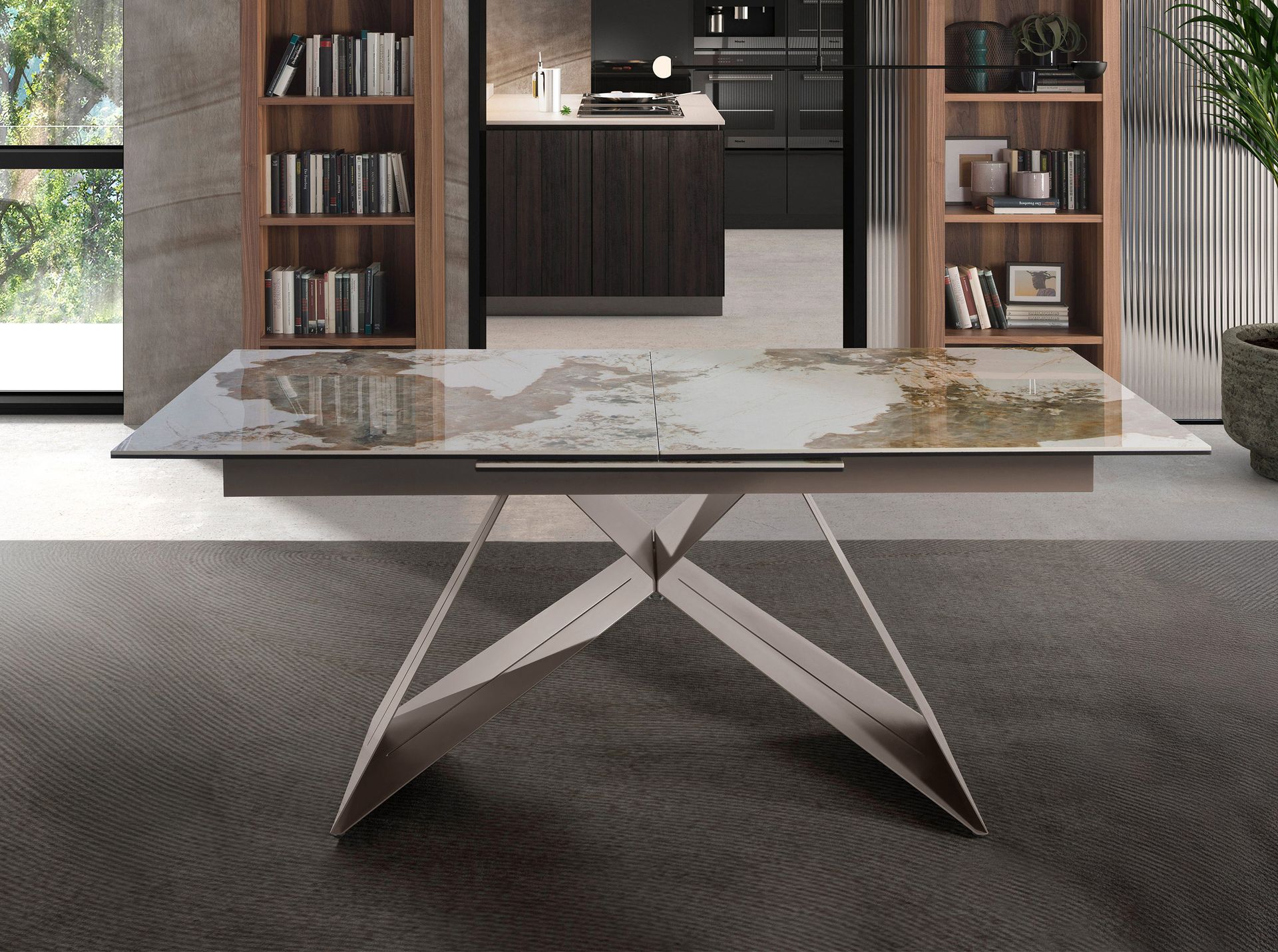 Mesa comedor extensible rectangular mármol porcelánico y acero gris taupé Mesa comedor extensible rectangular mármol porcelánico y acero gris taupé