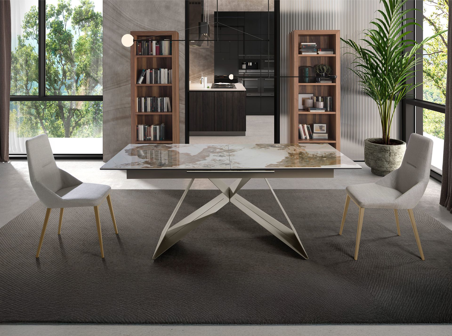 Mesa comedor extensible rectangular mármol porcelánico y acero gris taupé Mesa comedor extensible rectangular mármol porcelánico y acero gris taupé