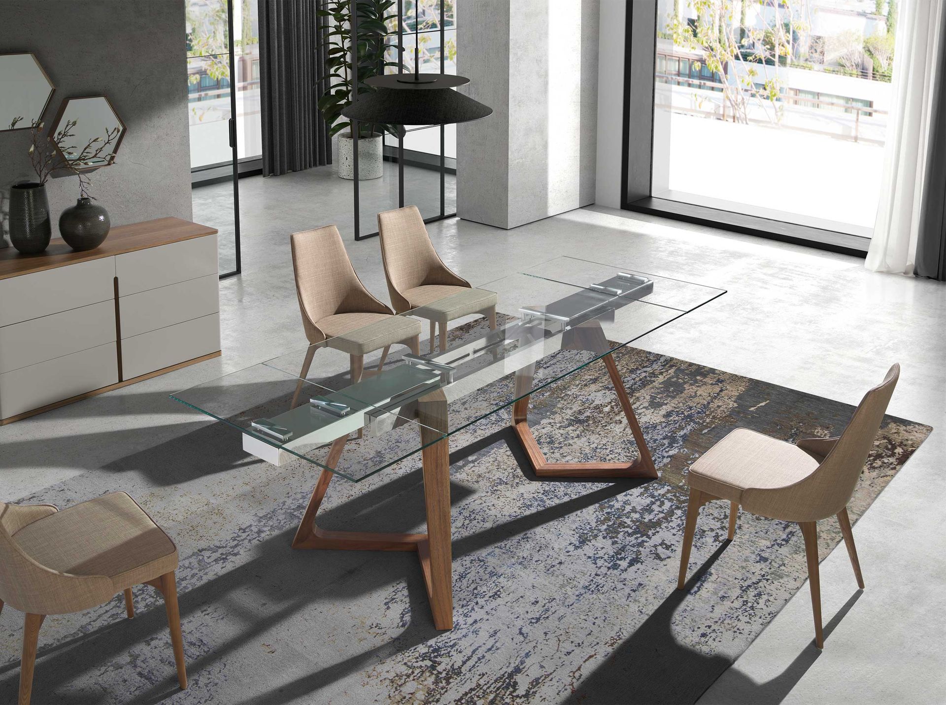 Mesa comedor extensible rectangular cristal templado y nogal Mesa comedor extensible rectangular cristal templado y nogal