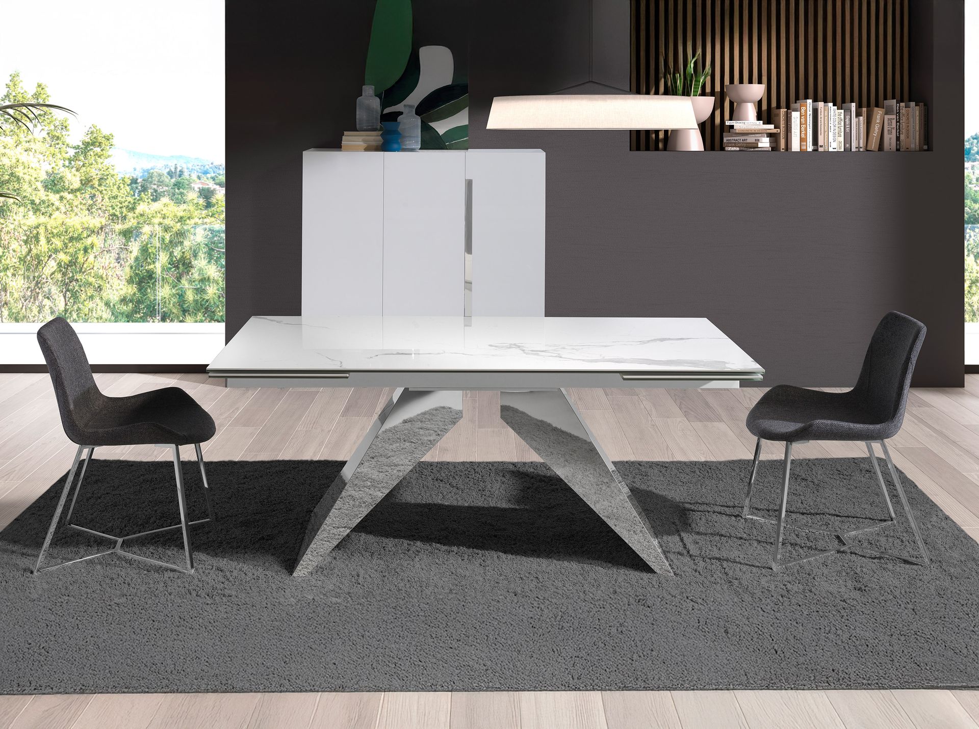 Mesa comedor extensible rectangular mármol porcelánico y acero cromado Mesa comedor extensible rectangular mármol porcelánico y acero cromado