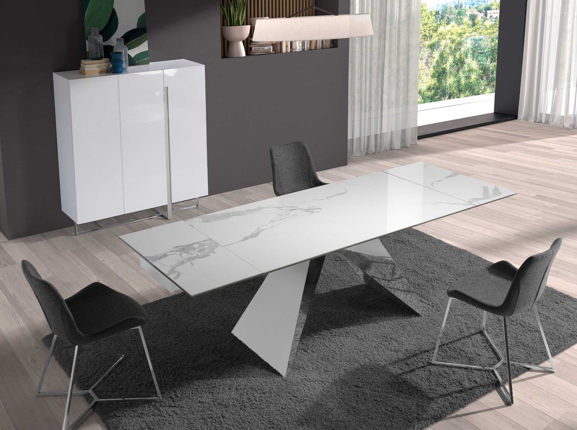 Mesa comedor extensible rectangular mármol porcelánico y acero cromado Mesa comedor extensible rectangular mármol porcelánico y acero cromado