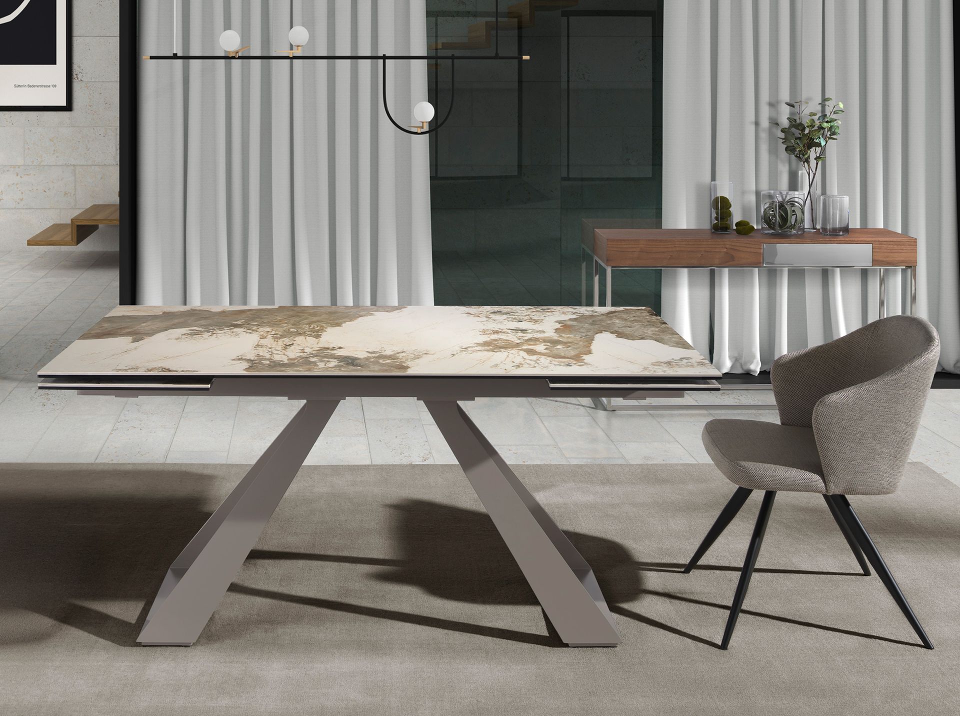 Mesa comedor extensible rectangular mármol porcelánico y acero gris taupé Mesa comedor extensible rectangular mármol porcelánico y acero gris taupé
