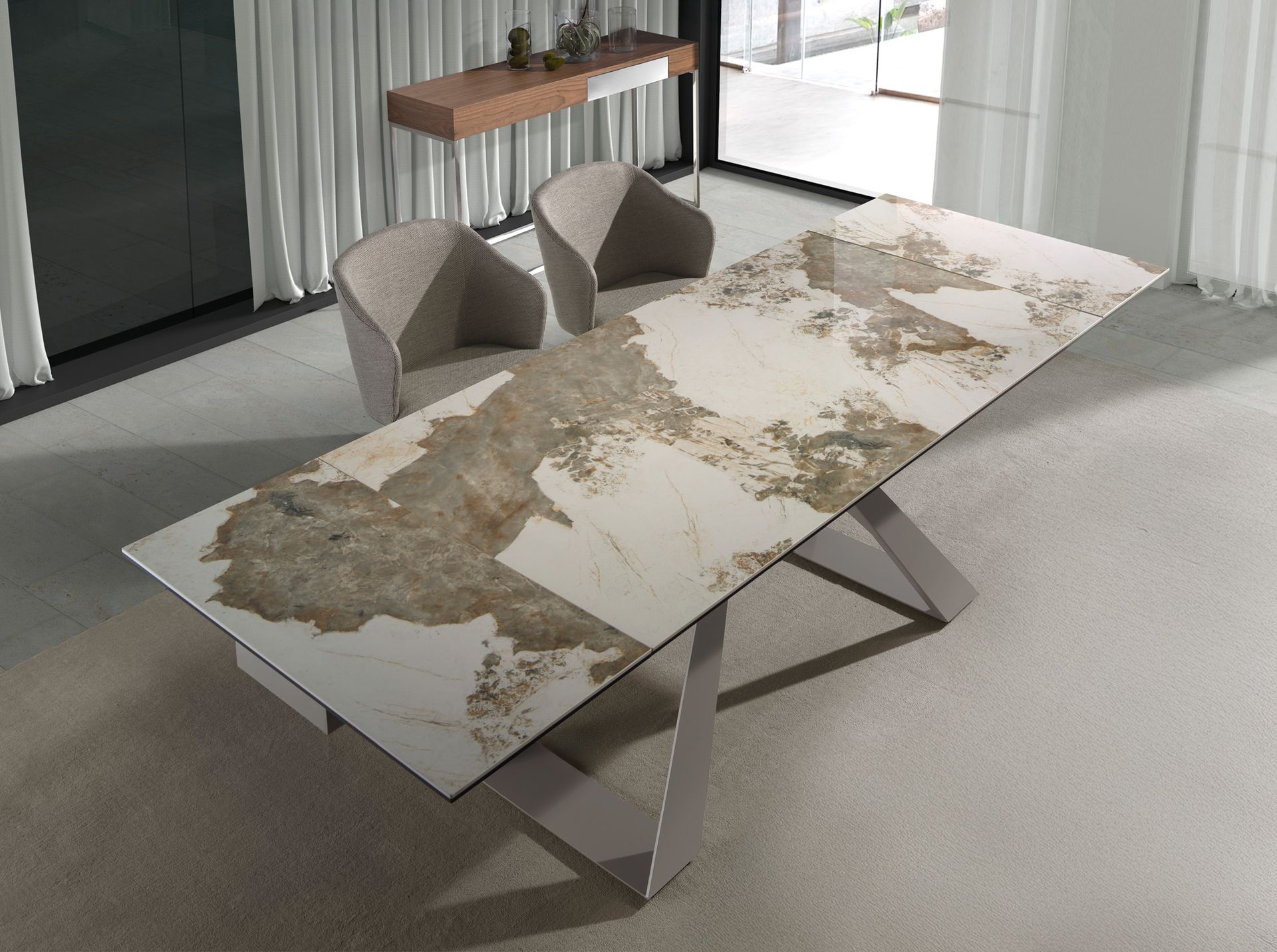 Mesa comedor extensible rectangular mármol porcelánico y acero gris taupé Mesa comedor extensible rectangular mármol porcelánico y acero gris taupé