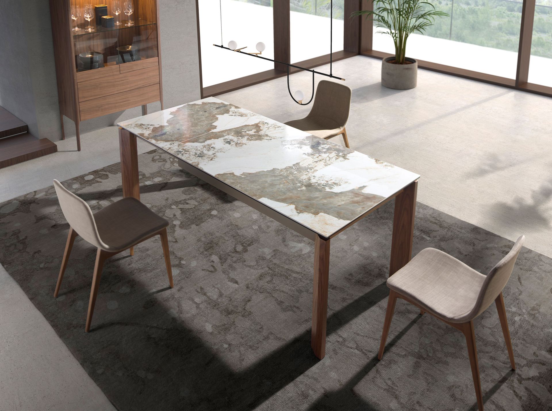 Mesa comedor extensible rectangular mármol porcelánico y nogal Mesa comedor extensible rectangular mármol porcelánico y nogal