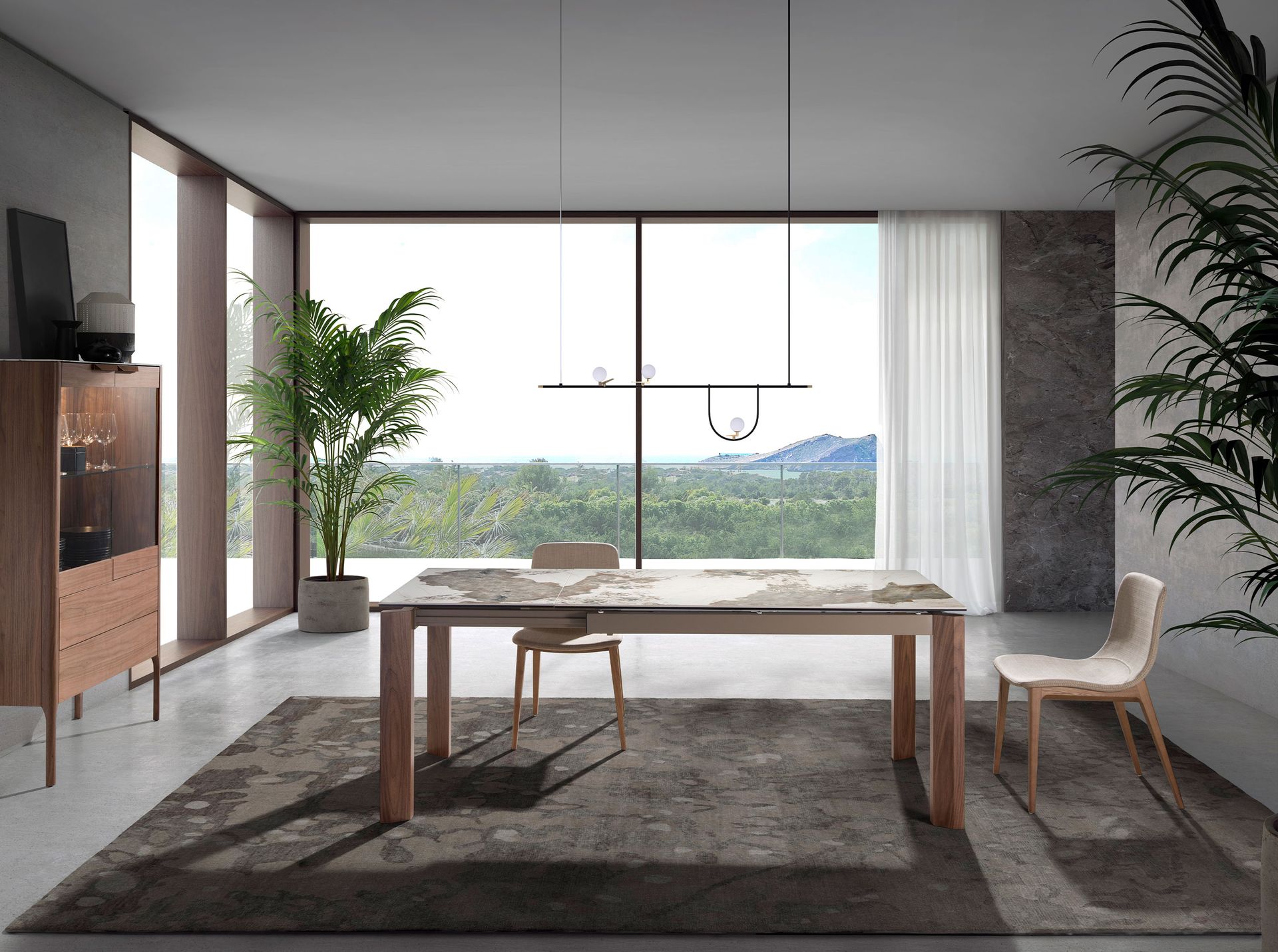 Mesa comedor extensible rectangular mármol porcelánico y nogal Mesa comedor extensible rectangular mármol porcelánico y nogal