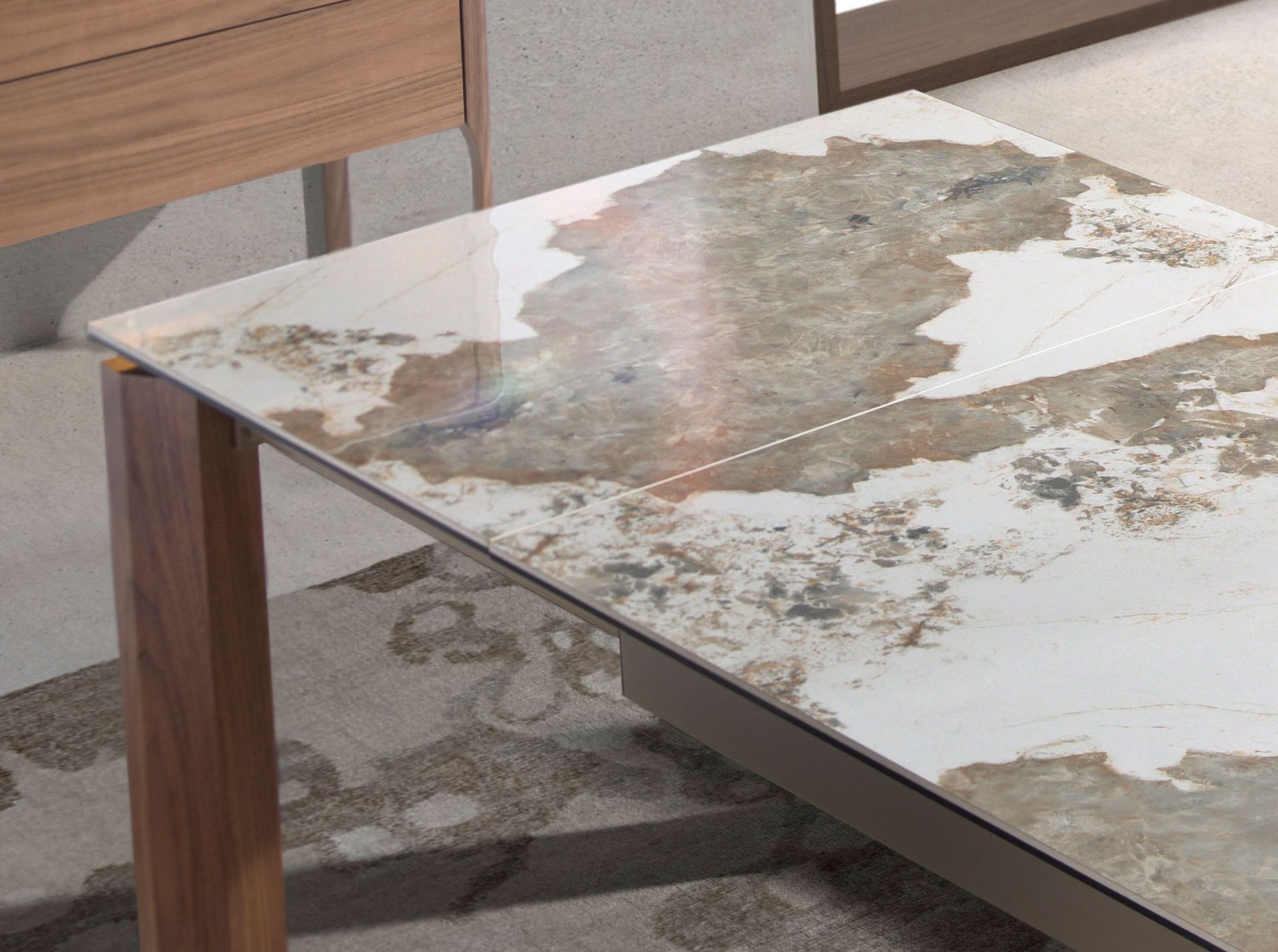 Mesa comedor extensible rectangular mármol porcelánico y nogal Mesa comedor extensible rectangular mármol porcelánico y nogal