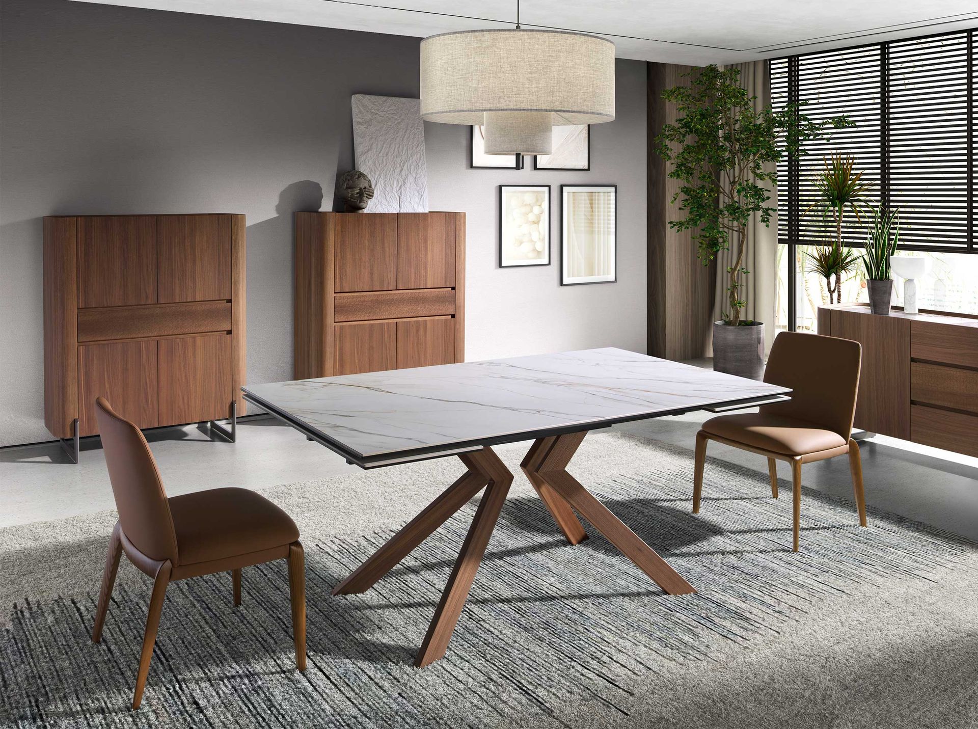 Mesa comedor extensible rectangular mármol porcelánico y acero efecto nogal Mesa comedor extensible rectangular mármol porcelánico y acero efecto nogal