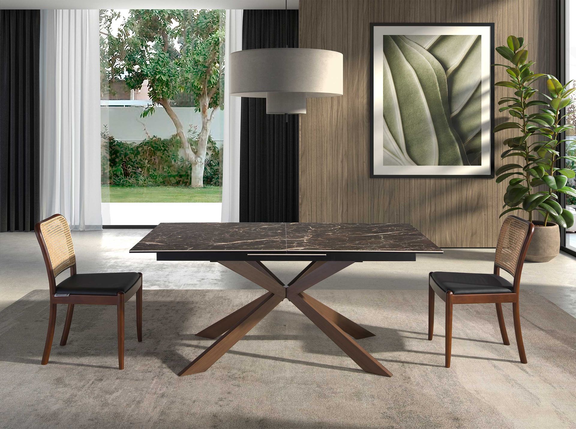 Mesa comedor extensible rectangular mármol porcelánico y acero efecto nogal Mesa comedor extensible rectangular mármol porcelánico y acero efecto nogal