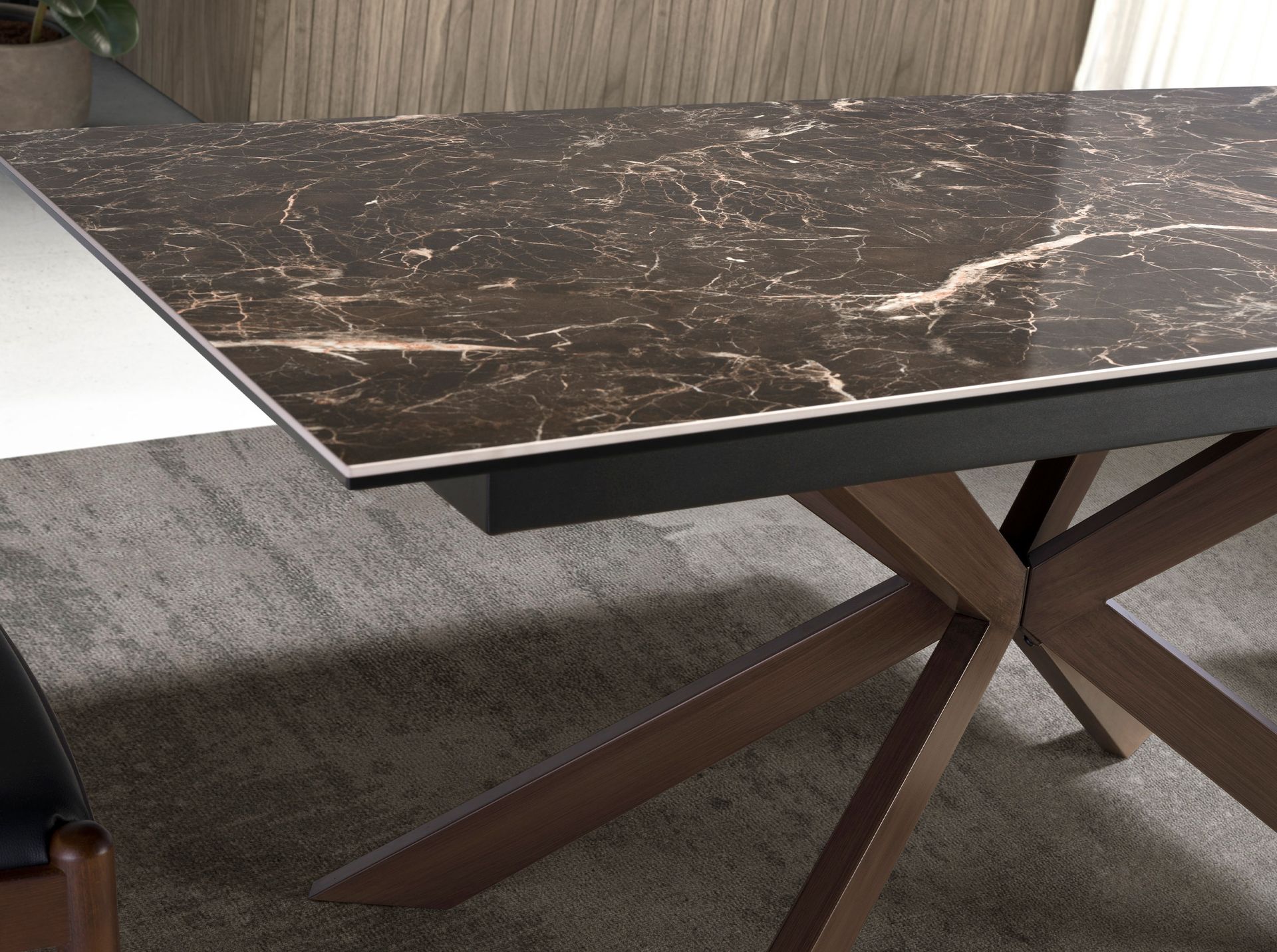 Mesa comedor extensible rectangular mármol porcelánico y acero efecto nogal Mesa comedor extensible rectangular mármol porcelánico y acero efecto nogal