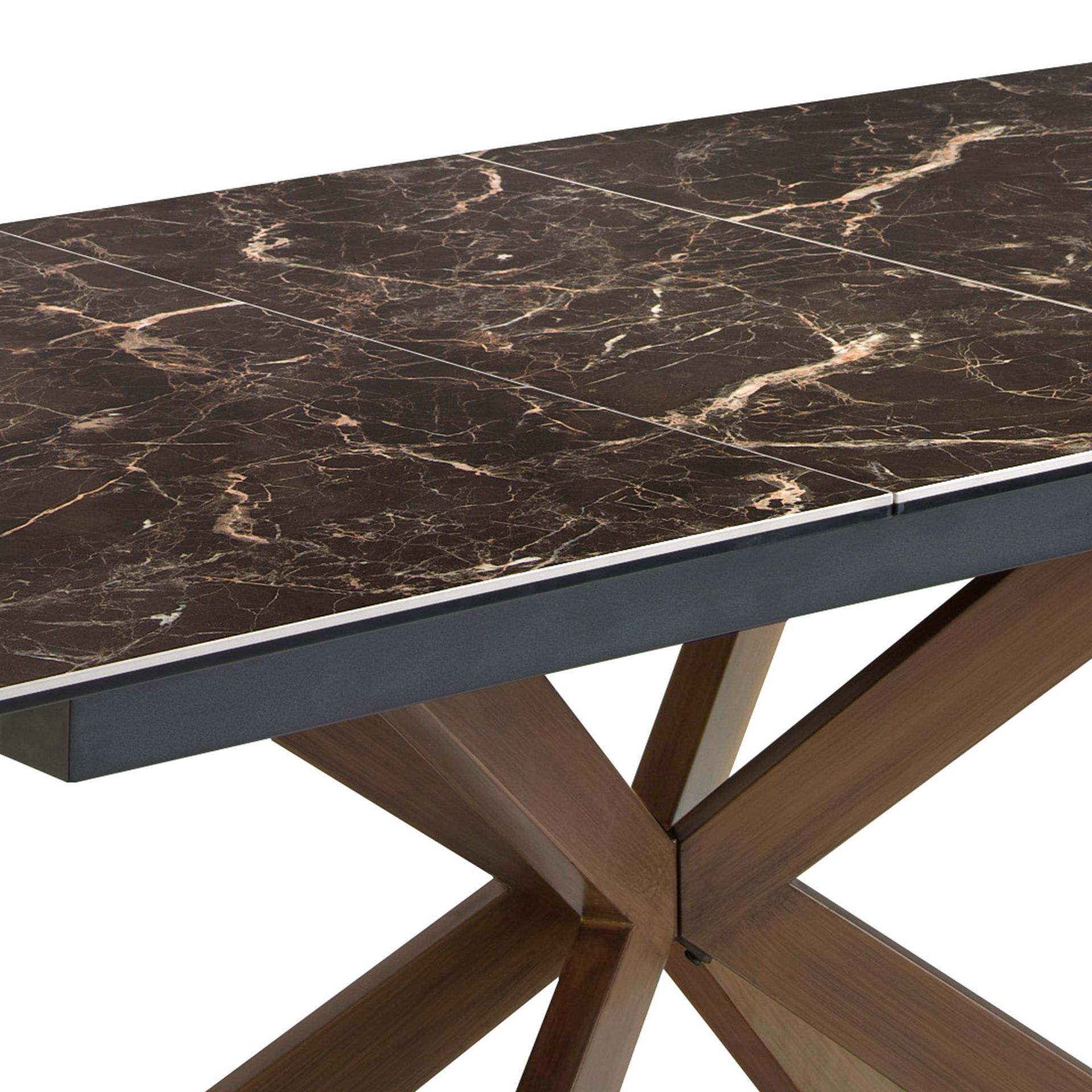 Mesa comedor extensible rectangular mármol porcelánico y acero efecto nogal Mesa comedor extensible rectangular mármol porcelánico y acero efecto nogal