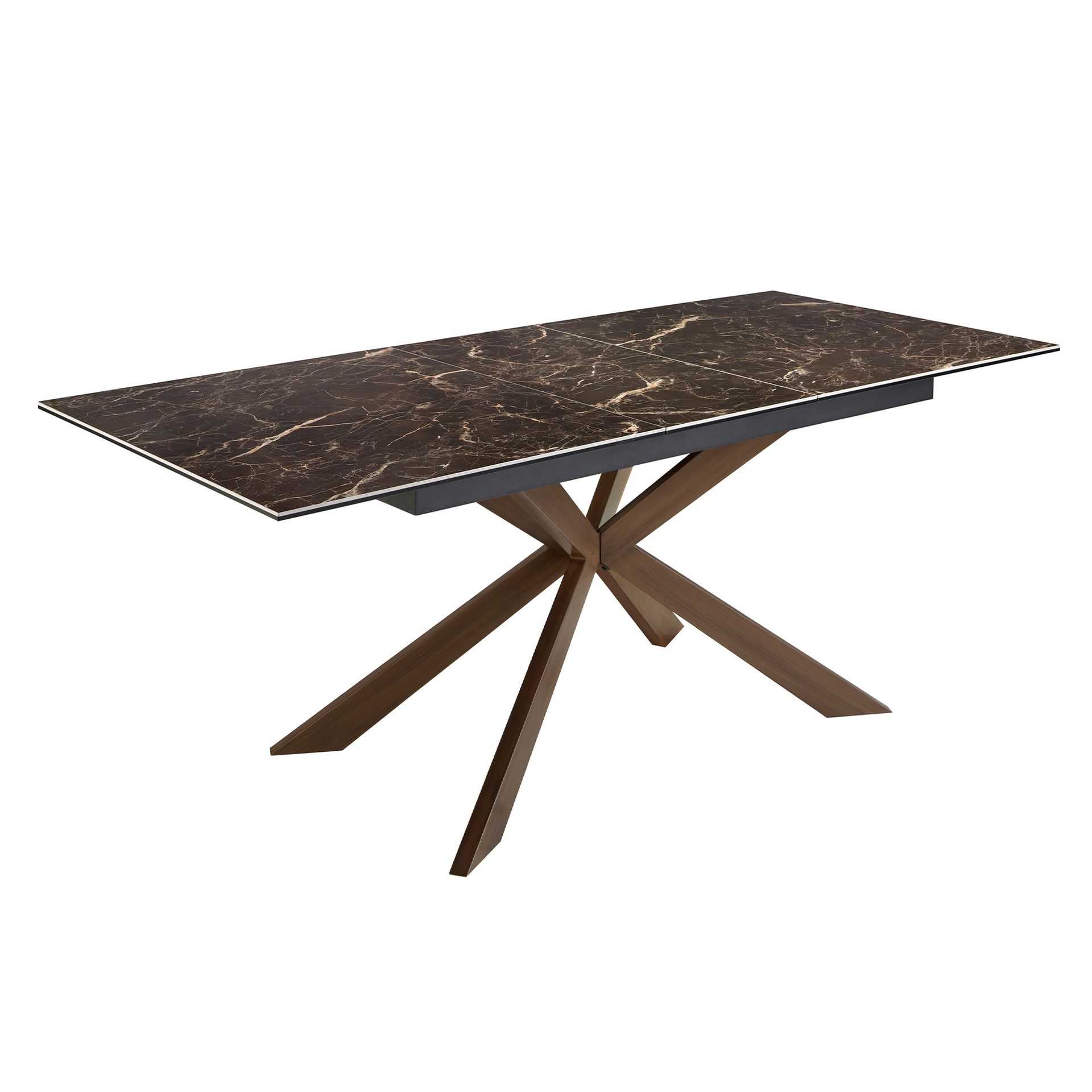 Mesa comedor extensible rectangular mármol porcelánico y acero efecto nogal Mesa comedor extensible rectangular mármol porcelánico y acero efecto nogal