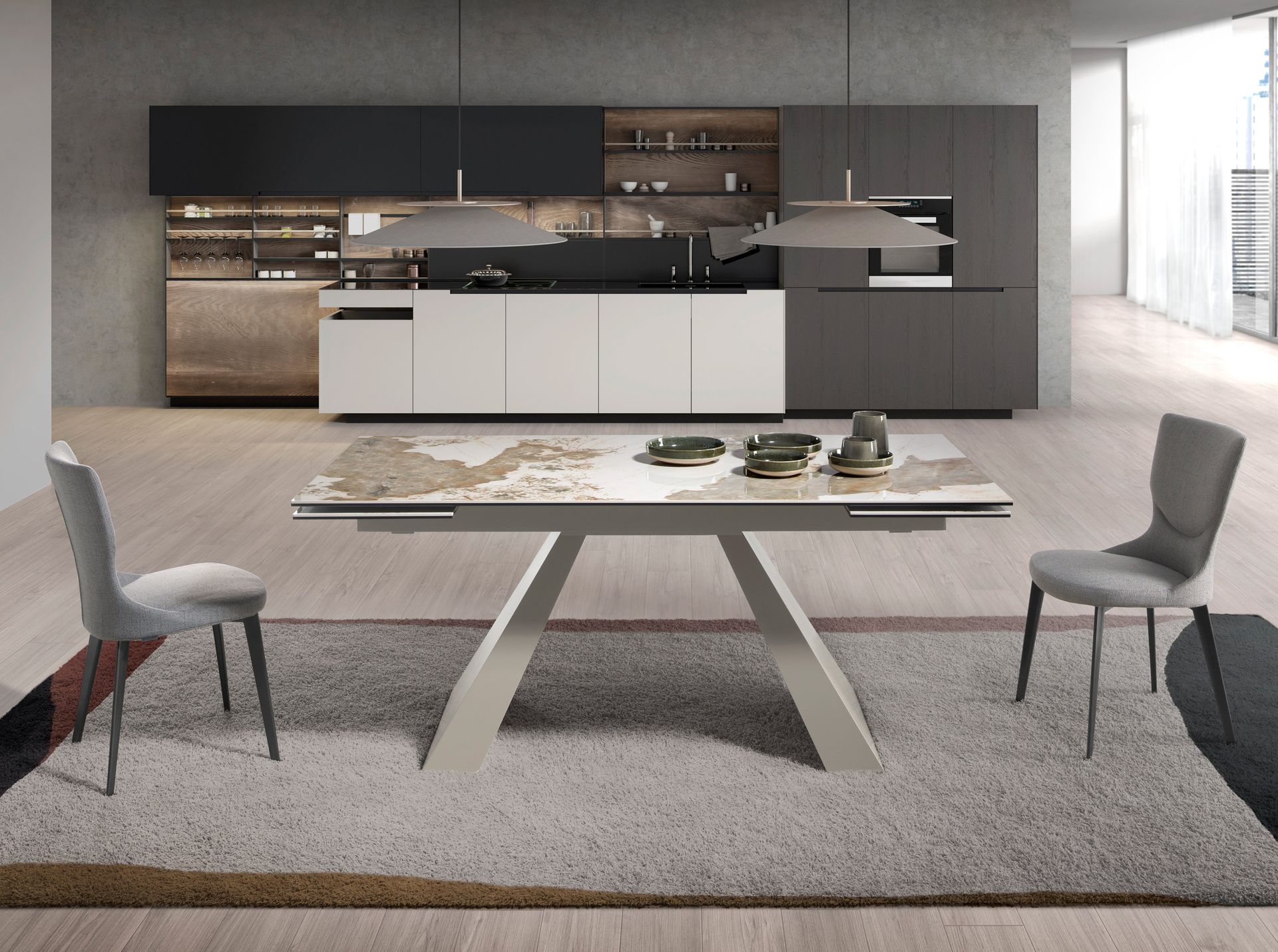 Mesa comedor extensible rectangular mármol porcelánico y acero gris taupé Mesa comedor extensible rectangular mármol porcelánico y acero gris taupé