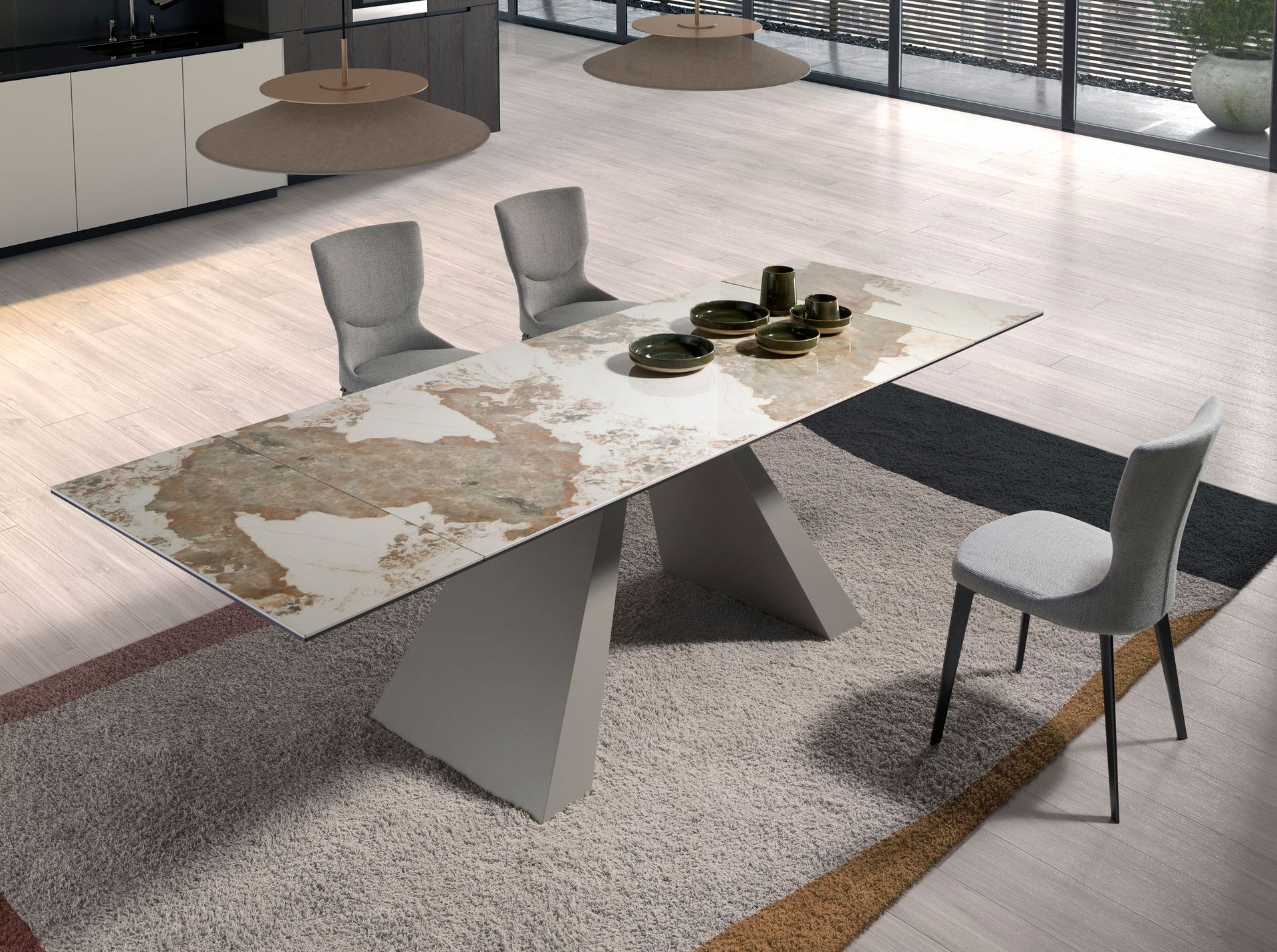Mesa comedor extensible rectangular mármol porcelánico y acero gris taupé Mesa comedor extensible rectangular mármol porcelánico y acero gris taupé