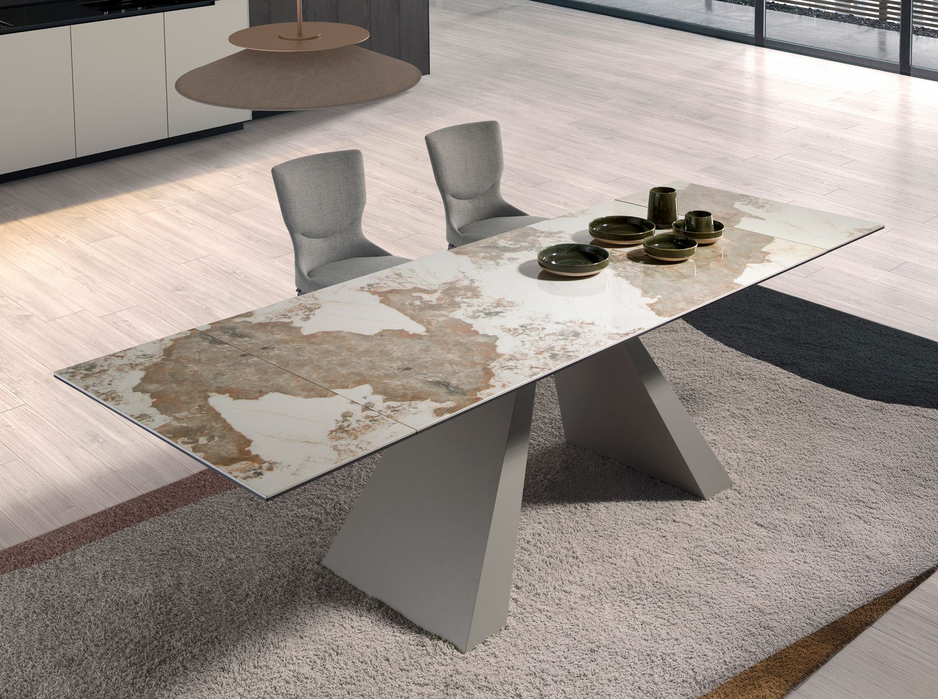 Mesa comedor extensible rectangular mármol porcelánico y acero gris taupé Mesa comedor extensible rectangular mármol porcelánico y acero gris taupé