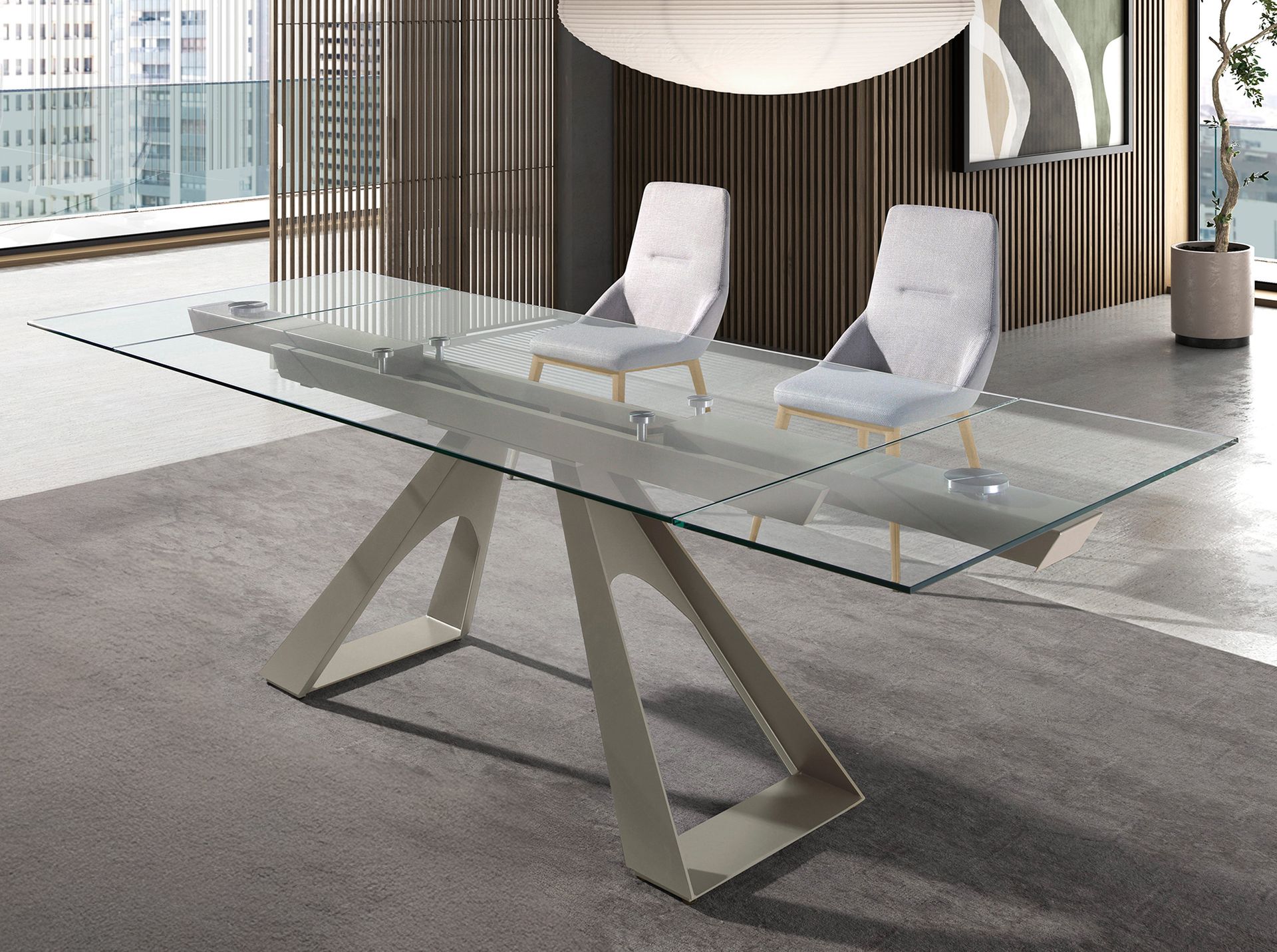 Mesa comedor extensible rectangular cristal templado y acero gris taupé Mesa comedor extensible rectangular cristal templado y acero gris taupé