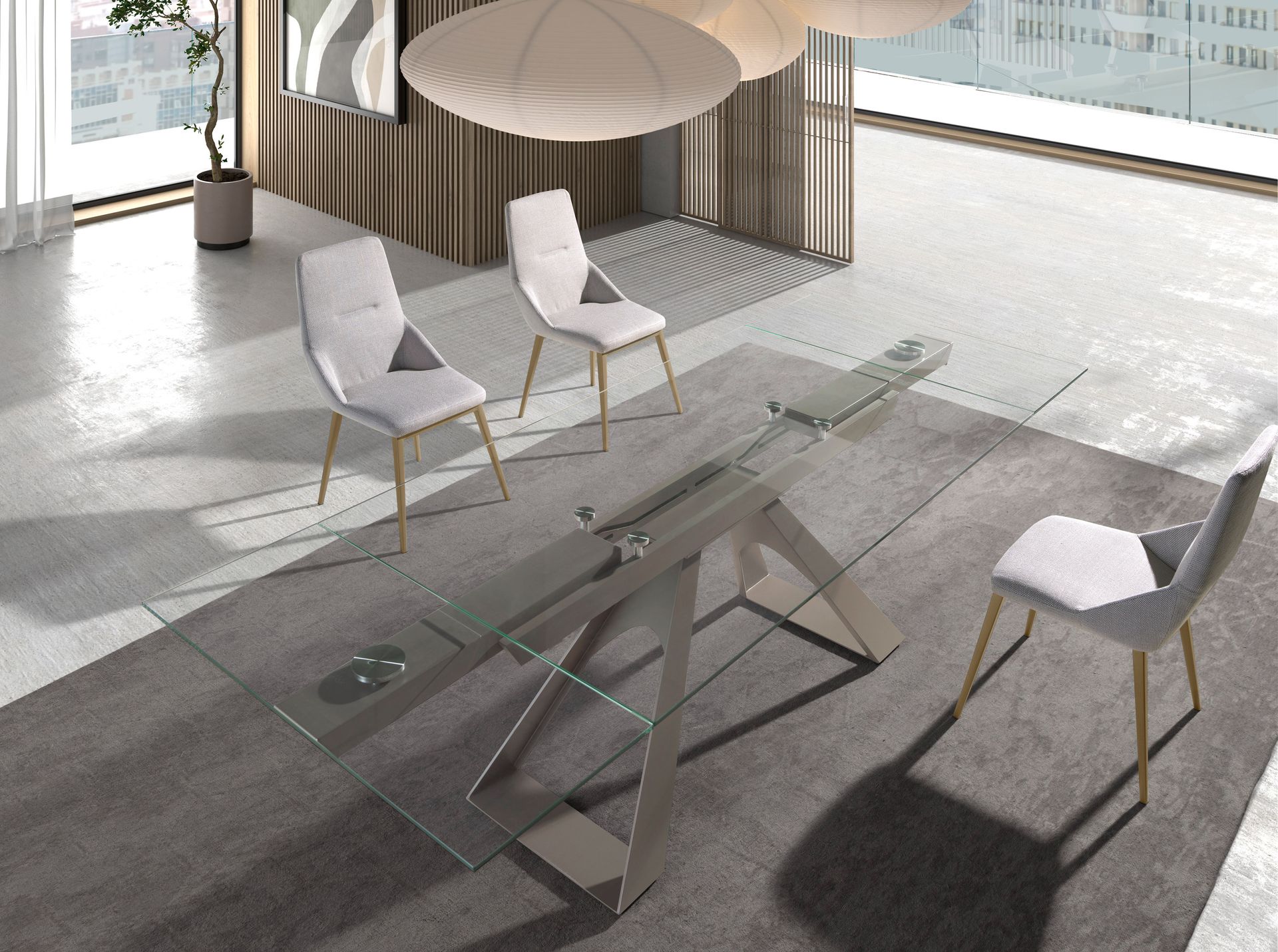 Mesa comedor extensible rectangular cristal templado y acero gris taupé Mesa comedor extensible rectangular cristal templado y acero gris taupé