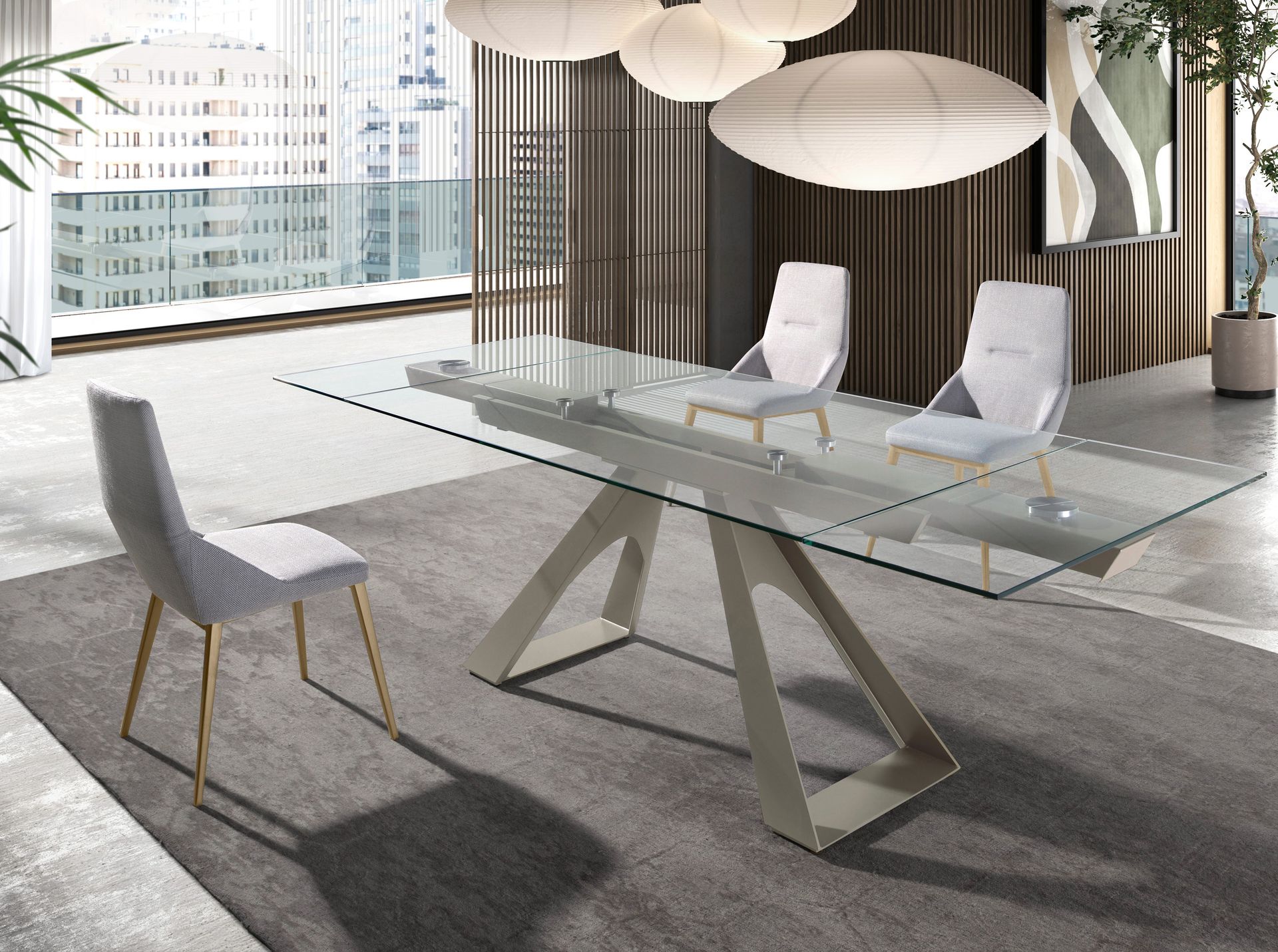 Mesa comedor extensible rectangular cristal templado y acero gris taupé Mesa comedor extensible rectangular cristal templado y acero gris taupé