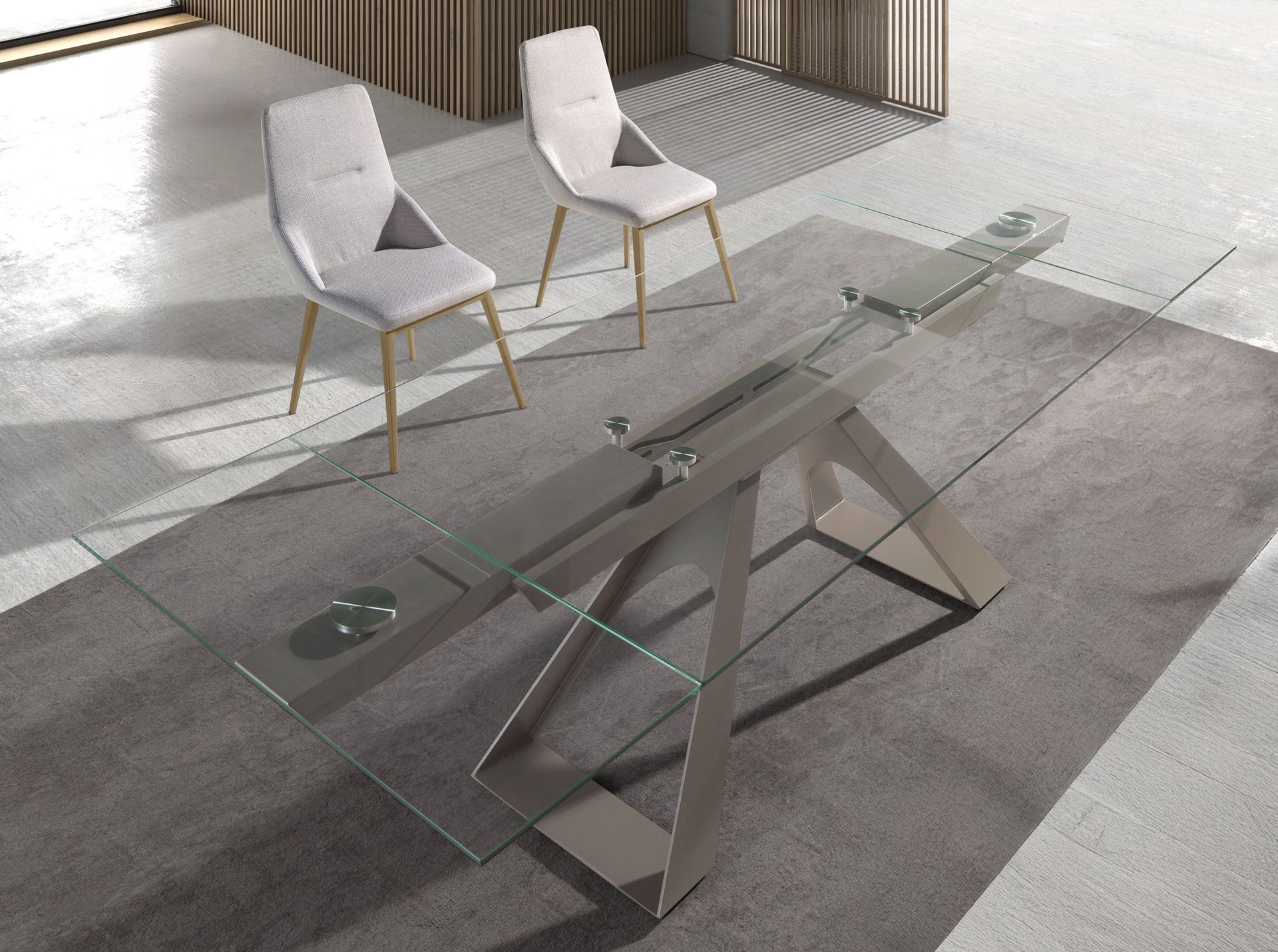 Mesa comedor extensible rectangular cristal templado y acero gris taupé Mesa comedor extensible rectangular cristal templado y acero gris taupé