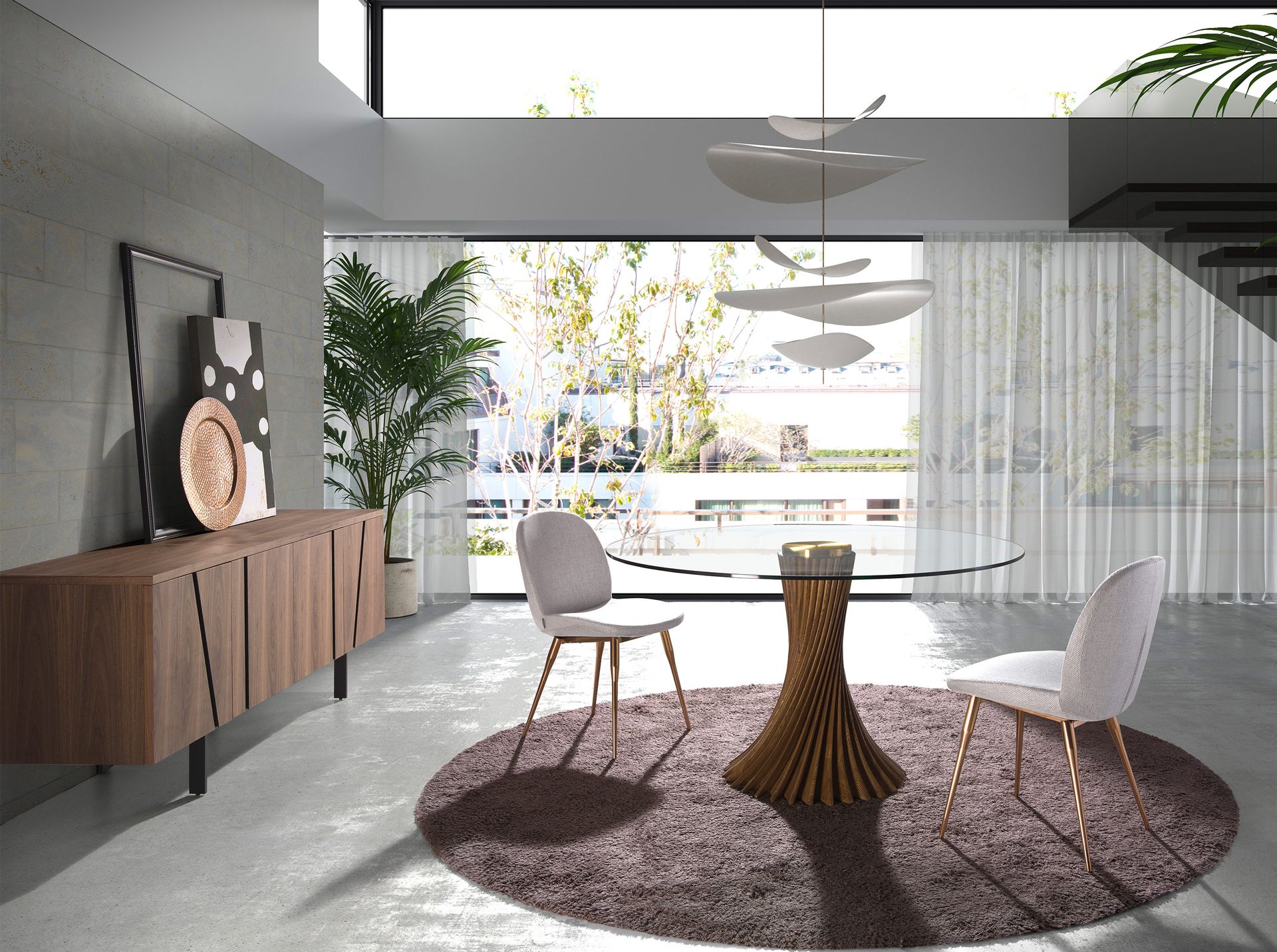 Mesa comedor redonda cristal templado y nogal Mesa comedor redonda cristal templado y nogal