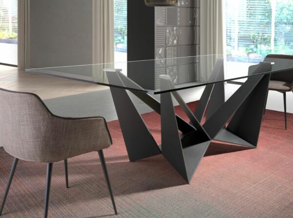 Mesa comedor rectangular cristal templado y acero negro
