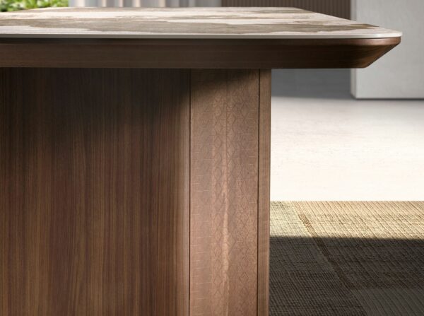 Mesa comedor rectangular mármol porcelánico y nogal