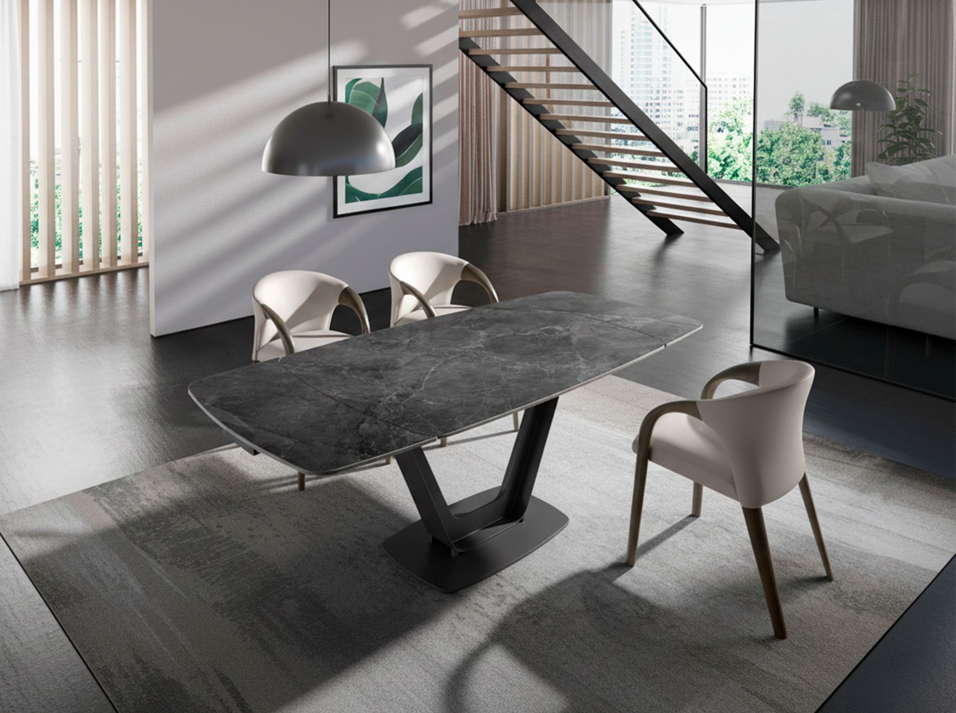 Mesa comedor extensible ovalada barril mármol porcelánico y acero negro Mesa comedor extensible ovalada barril mármol porcelánico y acero negro