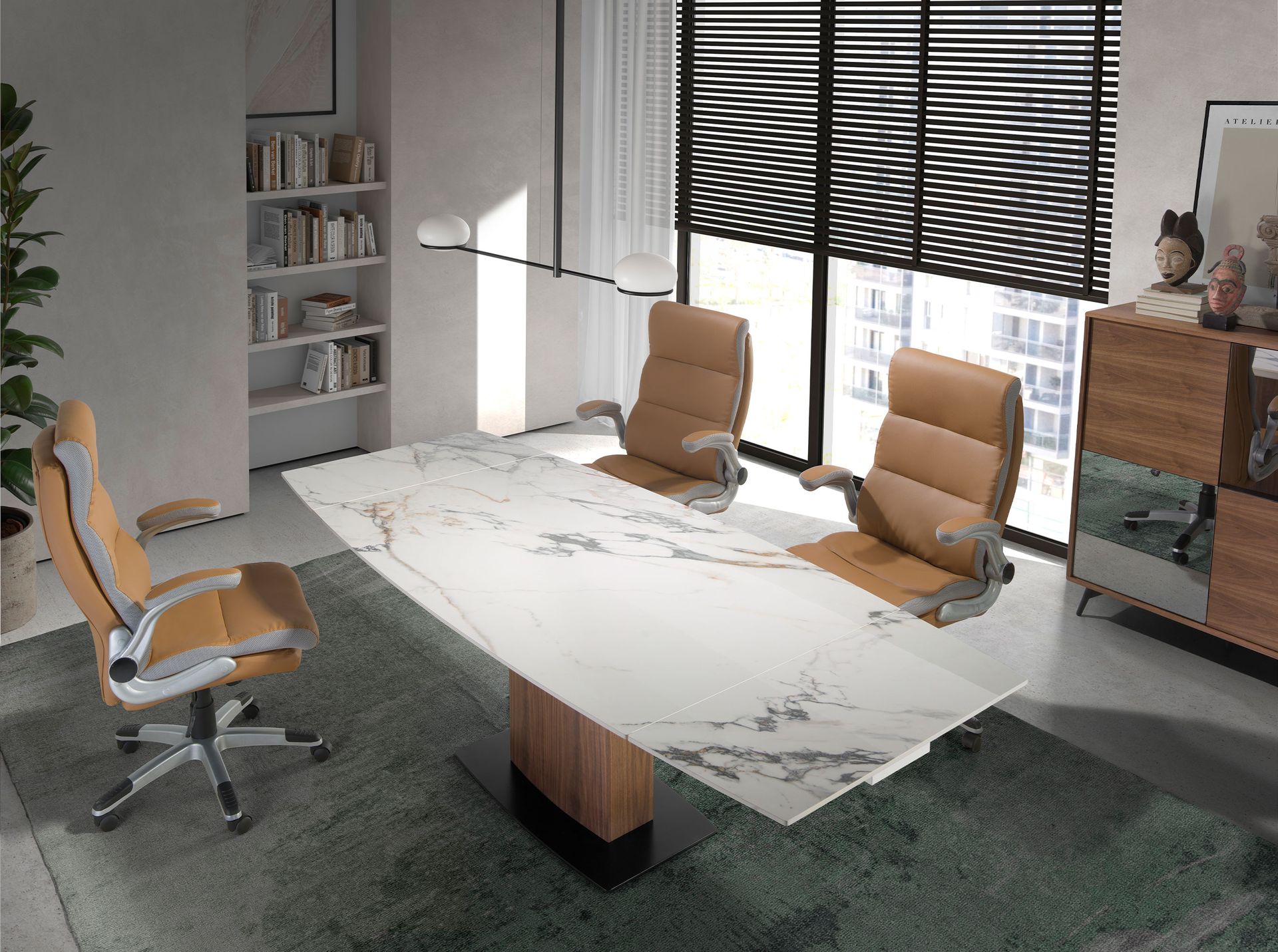 Mesa comedor extensible ovalada barril mármol porcelánico y nogal Mesa comedor extensible ovalada barril mármol porcelánico y nogal