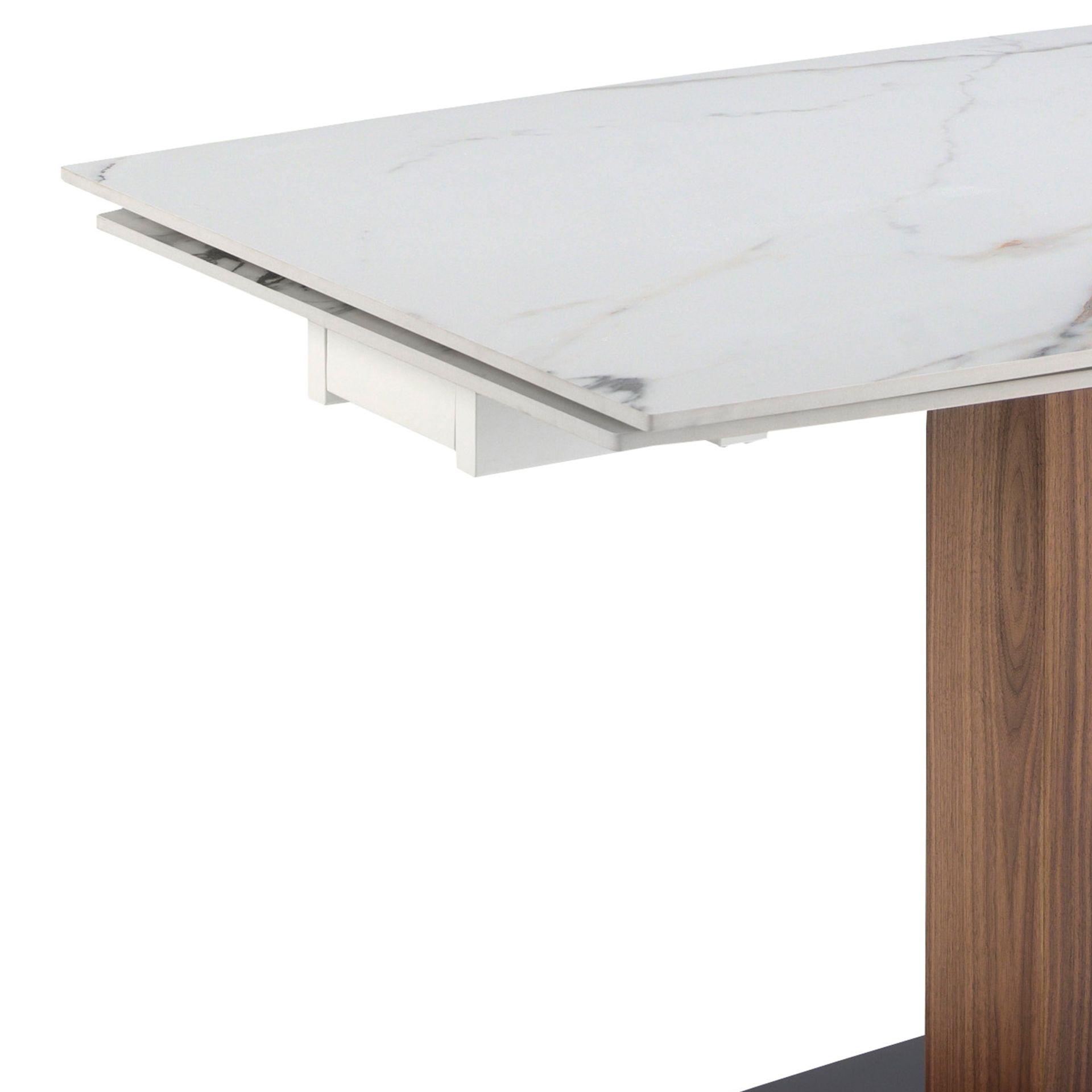 Mesa comedor extensible ovalada barril mármol porcelánico y nogal Mesa comedor extensible ovalada barril mármol porcelánico y nogal