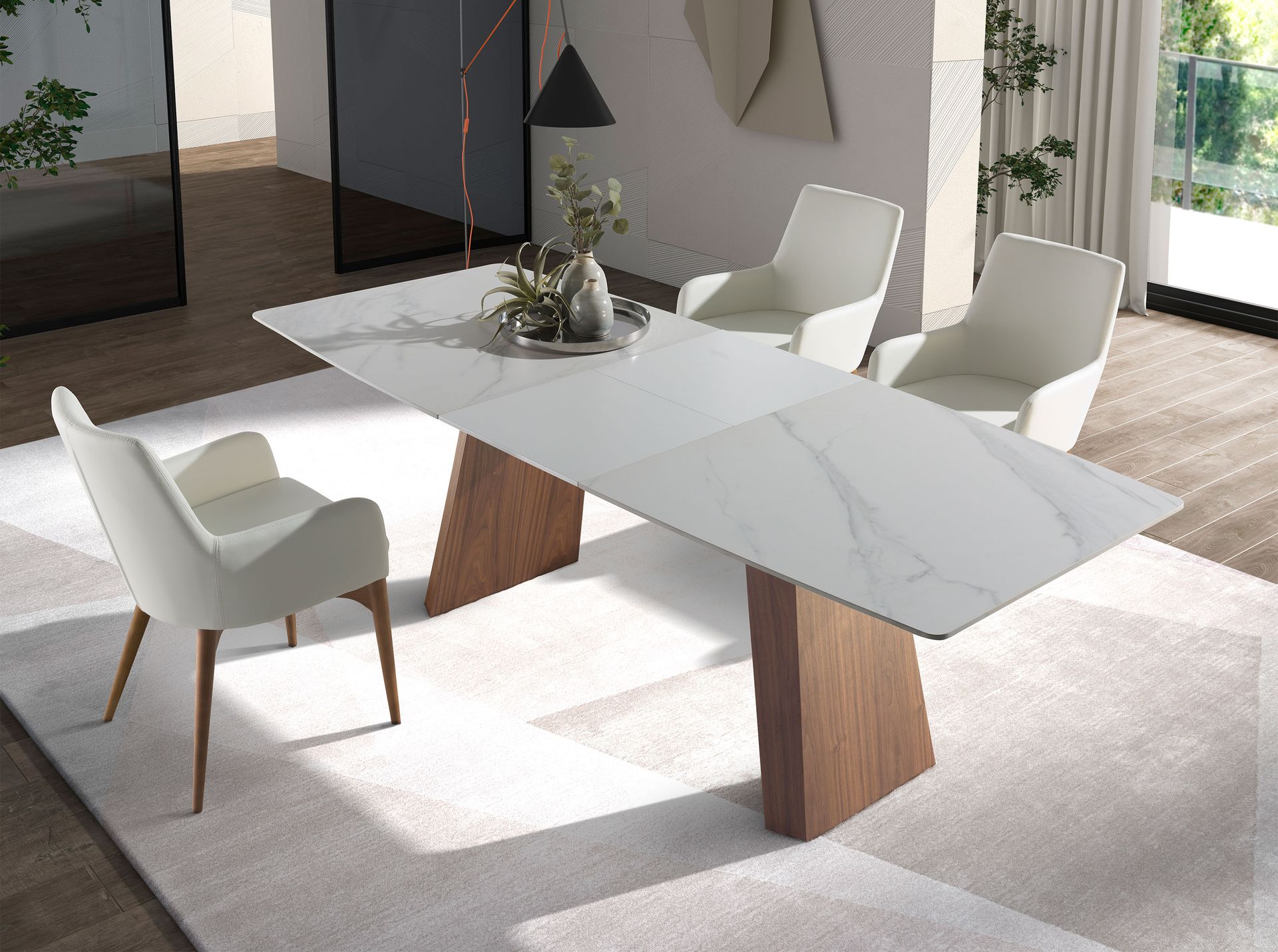 Mesa comedor extensible ovalada barril mármol porcelánico y nogal Mesa comedor extensible ovalada barril mármol porcelánico y nogal