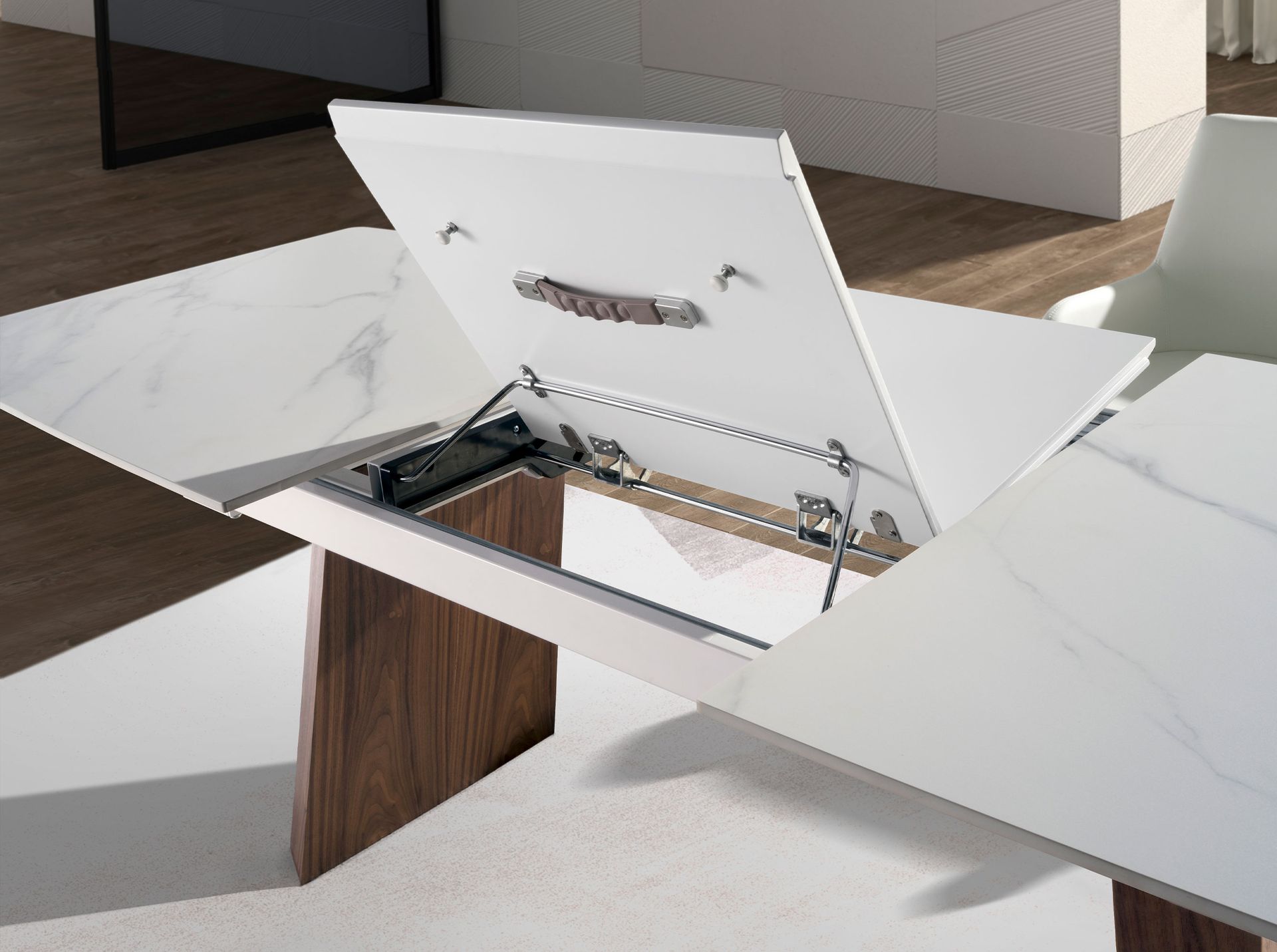 Mesa comedor extensible ovalada barril mármol porcelánico y nogal Mesa comedor extensible ovalada barril mármol porcelánico y nogal