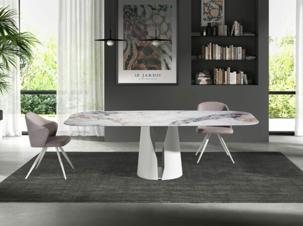 Mesa comedor ovalada barril mármol porcelánico y acero blanco