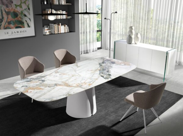 Mesa comedor ovalada barril mármol porcelánico y acero blanco