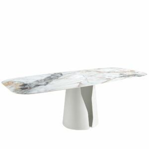 Mesa comedor ovalada barril mármol porcelánico y acero blanco Mesa comedor ovalada barril mármol porcelánico y acero blanco