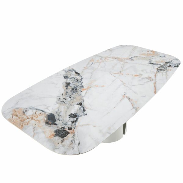Mesa comedor ovalada barril mármol porcelánico y acero blanco
