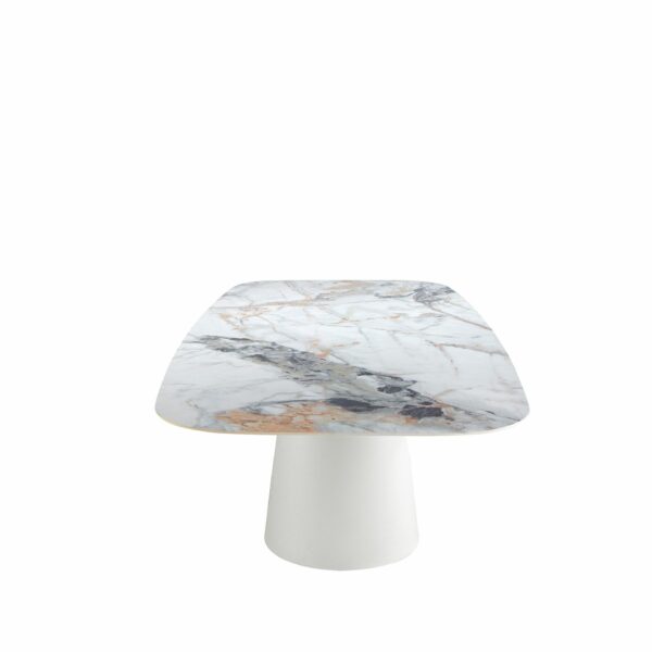 Mesa comedor ovalada barril mármol porcelánico y acero blanco
