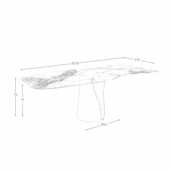 Mesa comedor ovalada barril mármol porcelánico y acero blanco
