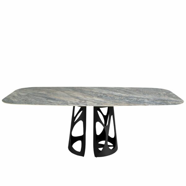 Mesa comedor ovalada barril mármol porcelánico y acero negro